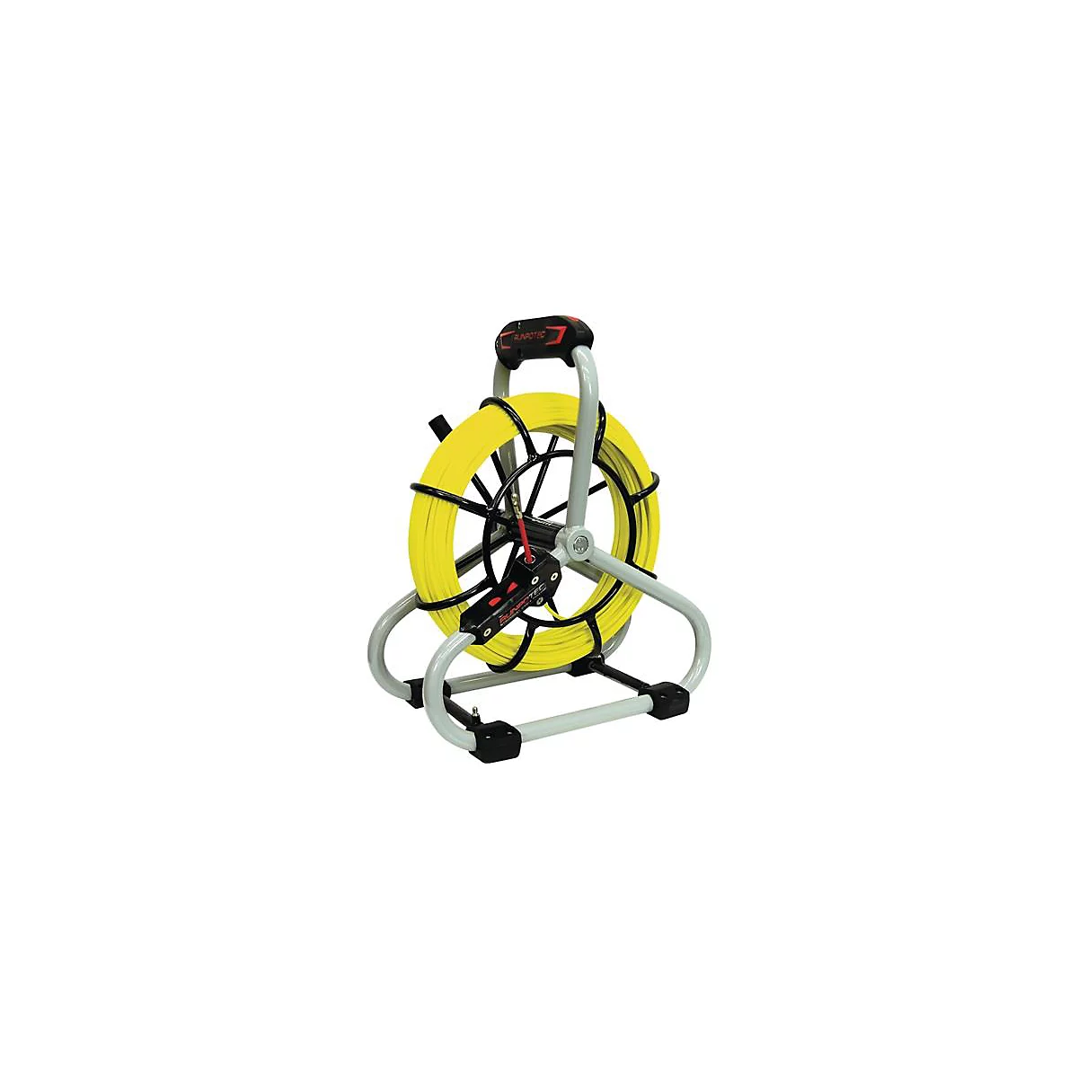 Câble jaune sur une bobine grise. La poignée est rouge et noire. Le cadre et le support de la bobine sont gris.