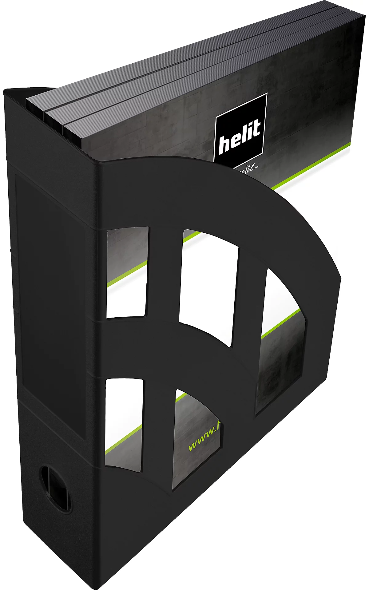 Tijdschriftenmap Helit The Green Bridge, voor A4-C4 formaat, rugbreedte 78 mm, gerecycled plastic, zwart, 4 stuks.