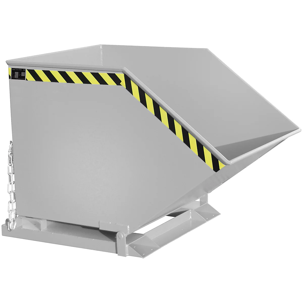 Grey metal tipping skip, with black and yellow warning stripes.