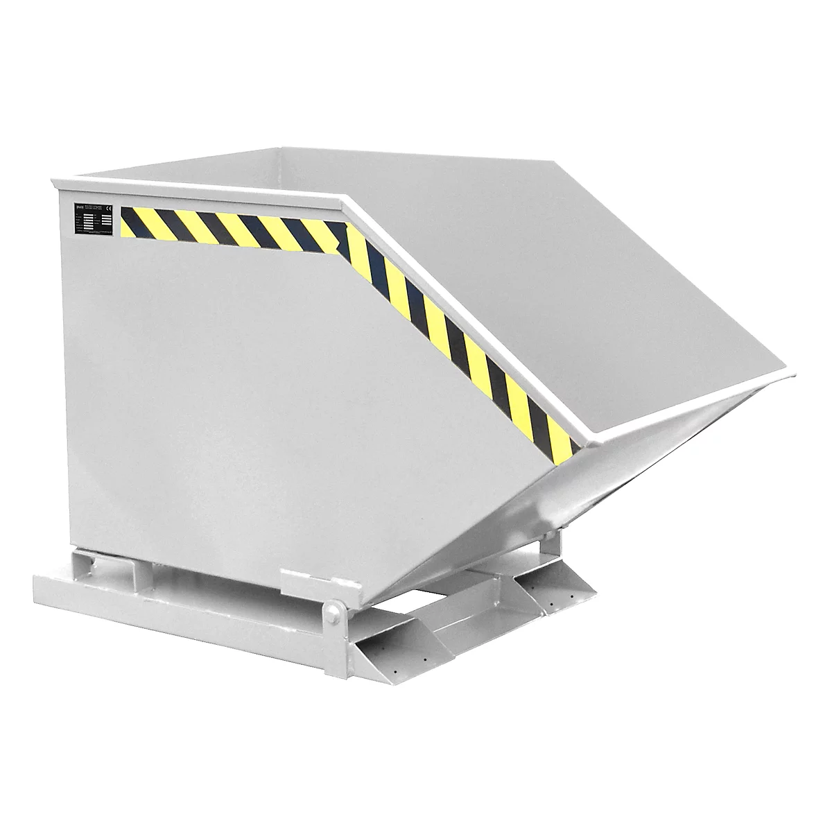 Gray metal tipper with yellow and black warning stripes.