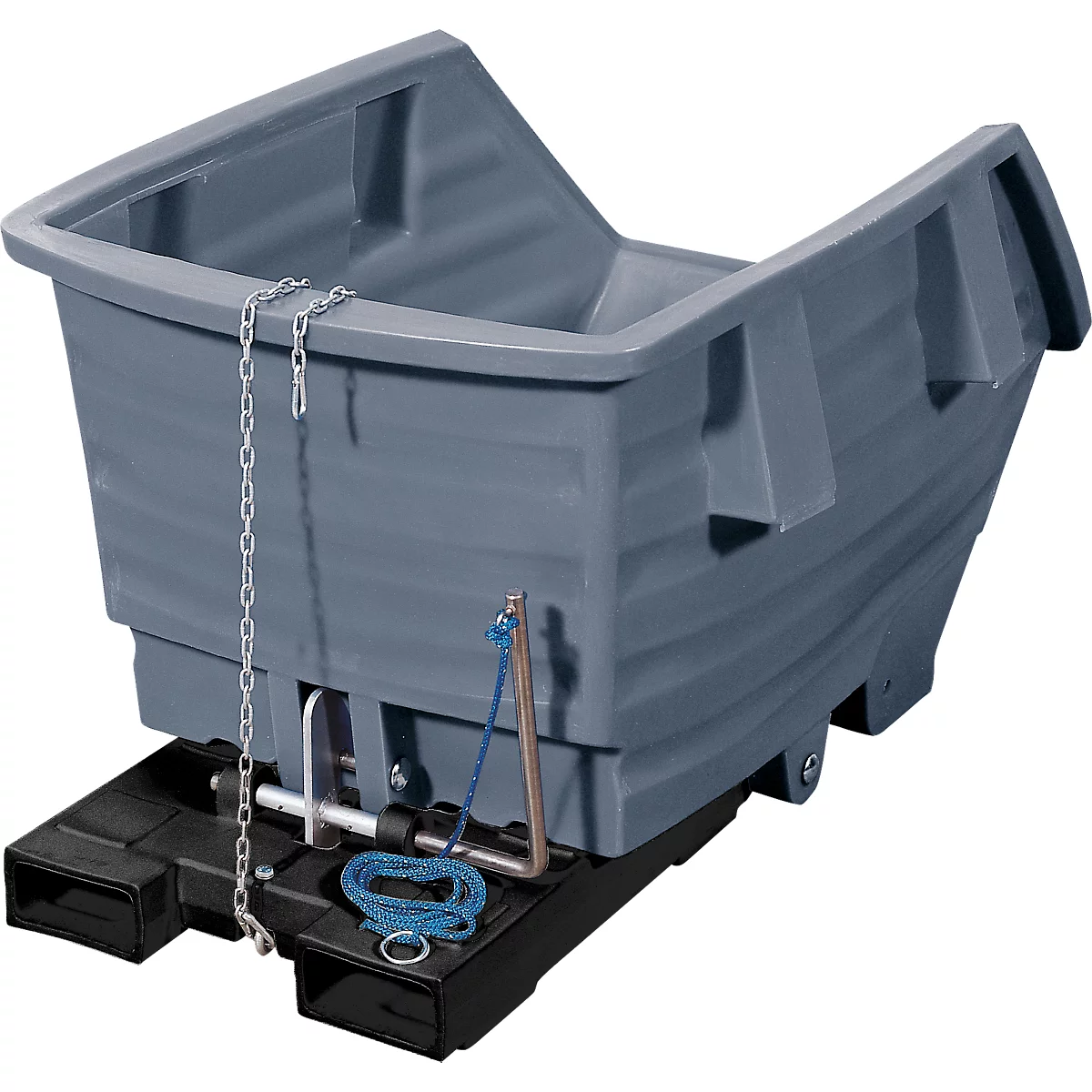 Gray bin with chain and blue rope on a black base. The container has an open top.