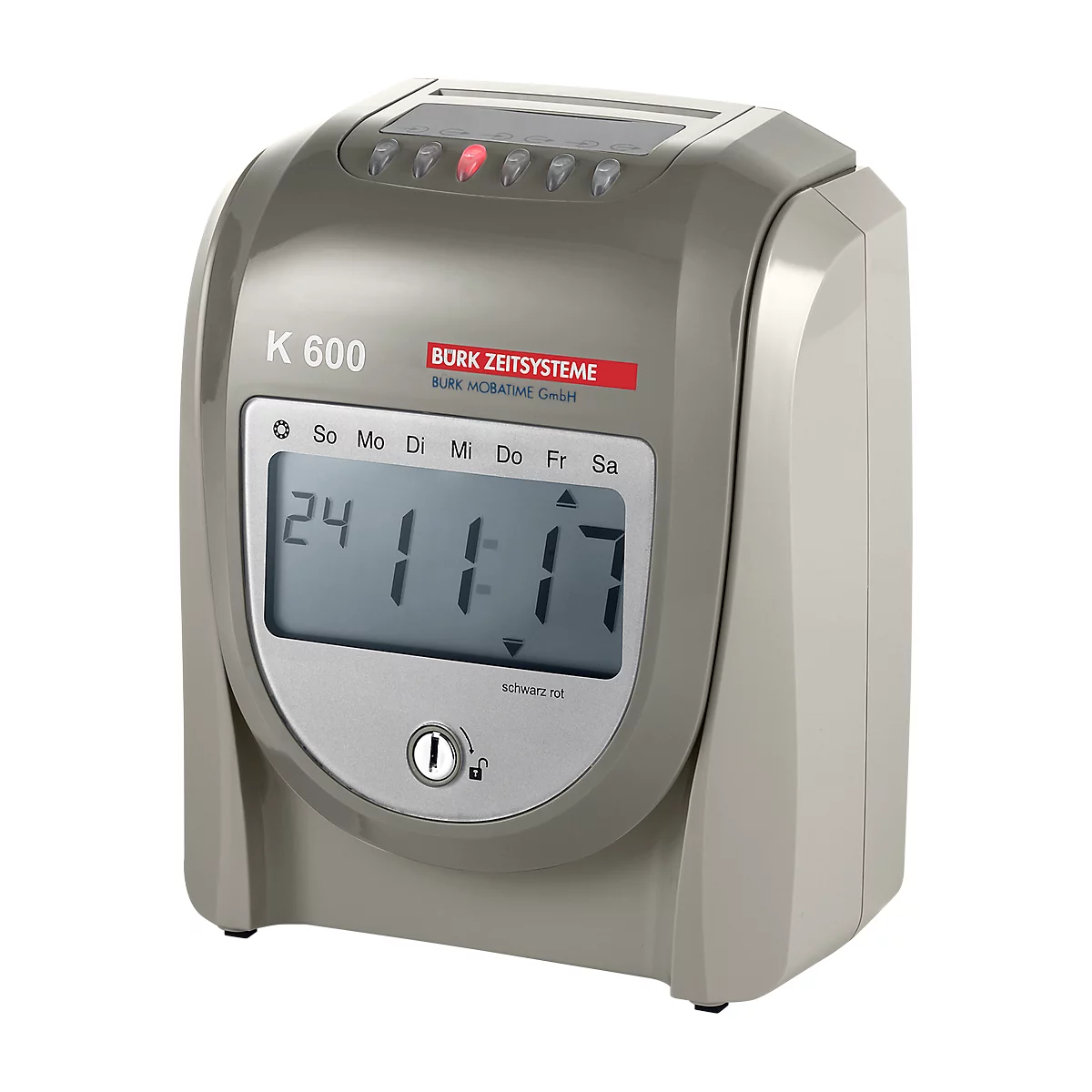 Gray time clock with display. Time is 11:17 a.m. Brand: Bork Zeitsysteme. Date: May 24.