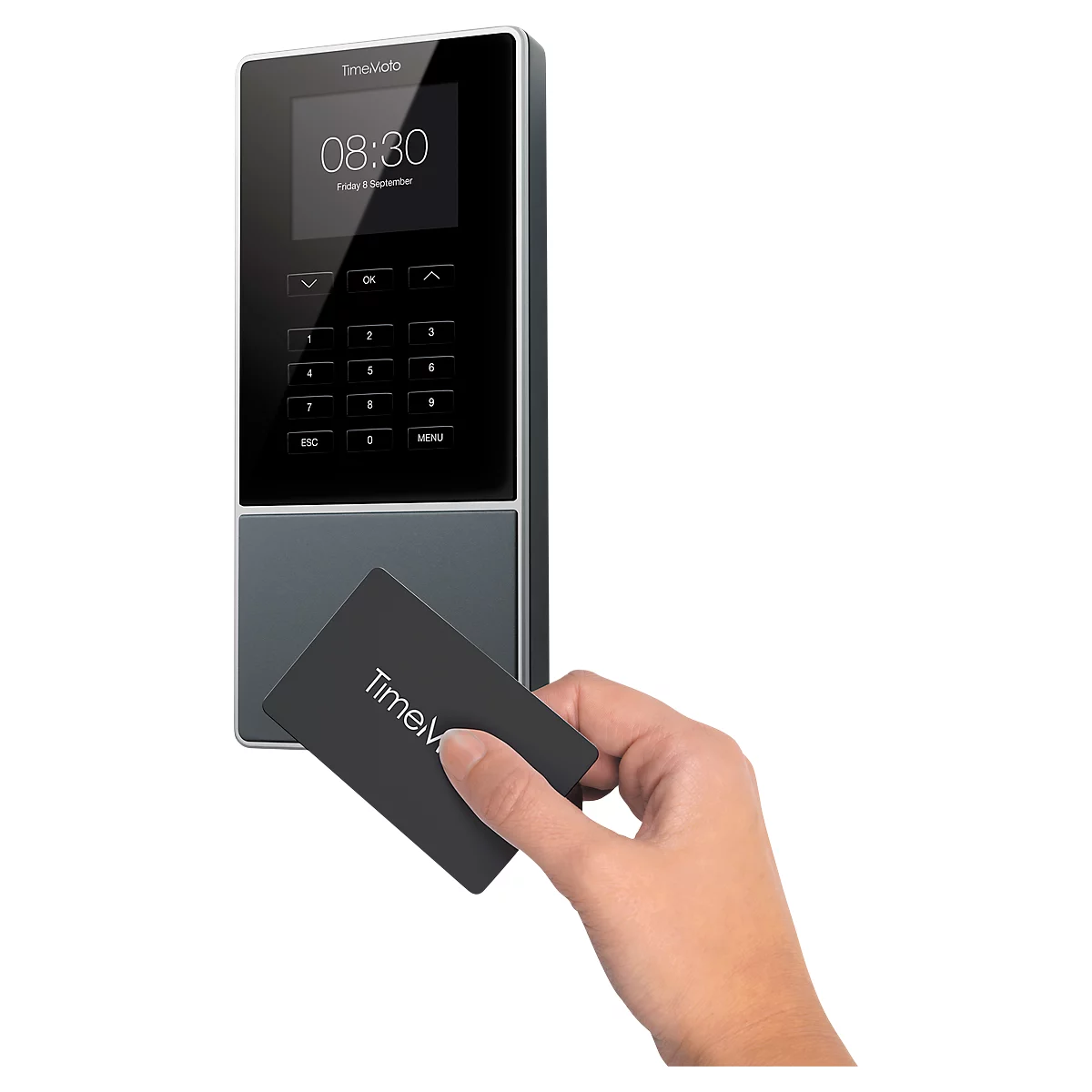 TimeMoto TM-616 tijdregistratiesysteem, wandmontage, complete oplossing, tot 200 gebruikers, ID via RFID/PIN, USB/LAN/WLAN, 5 RFID-kaarten