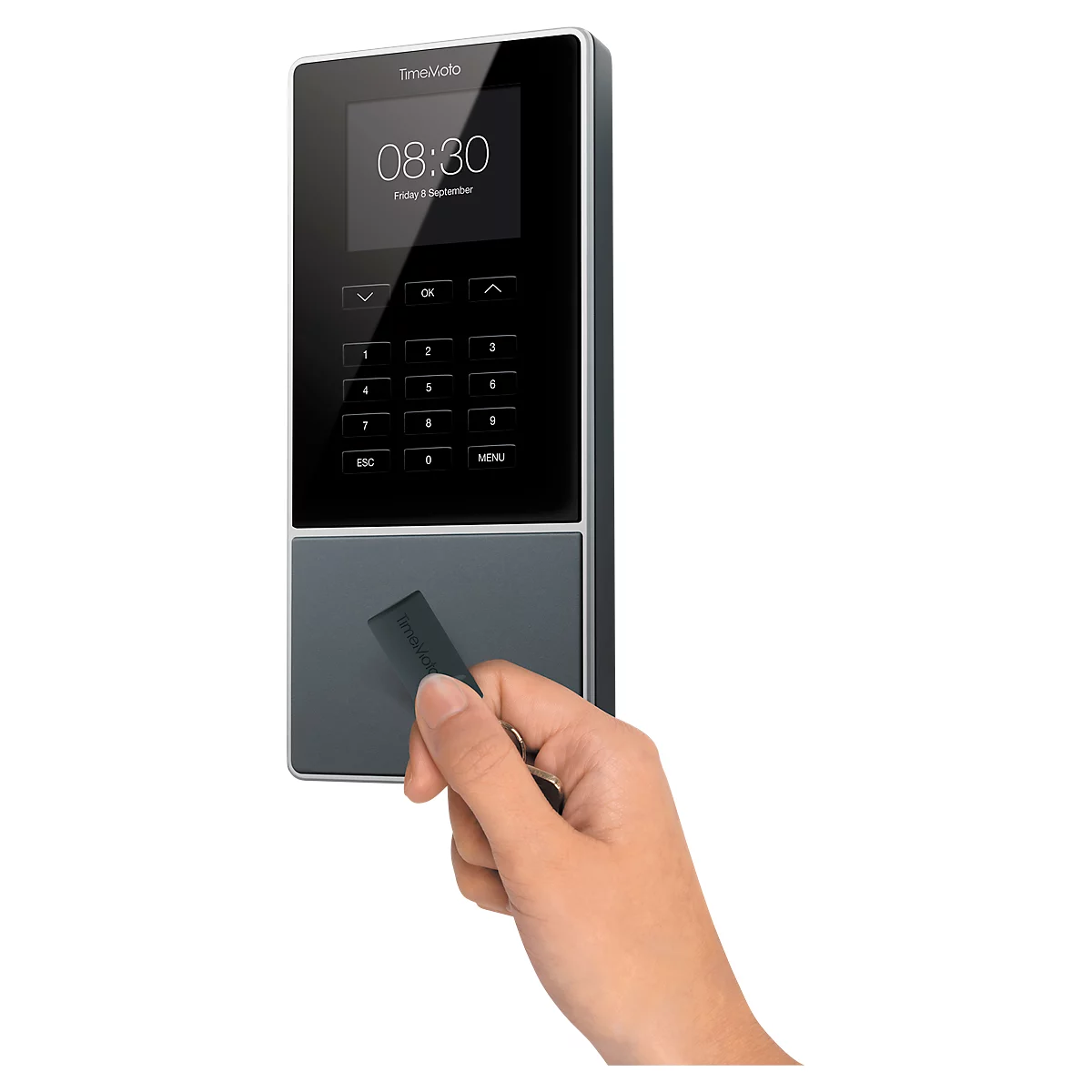 TimeMoto TM-616 tijdregistratiesysteem, wandmontage, complete oplossing, tot 200 gebruikers, ID via RFID/PIN, USB/LAN/WLAN, 5 RFID-kaarten