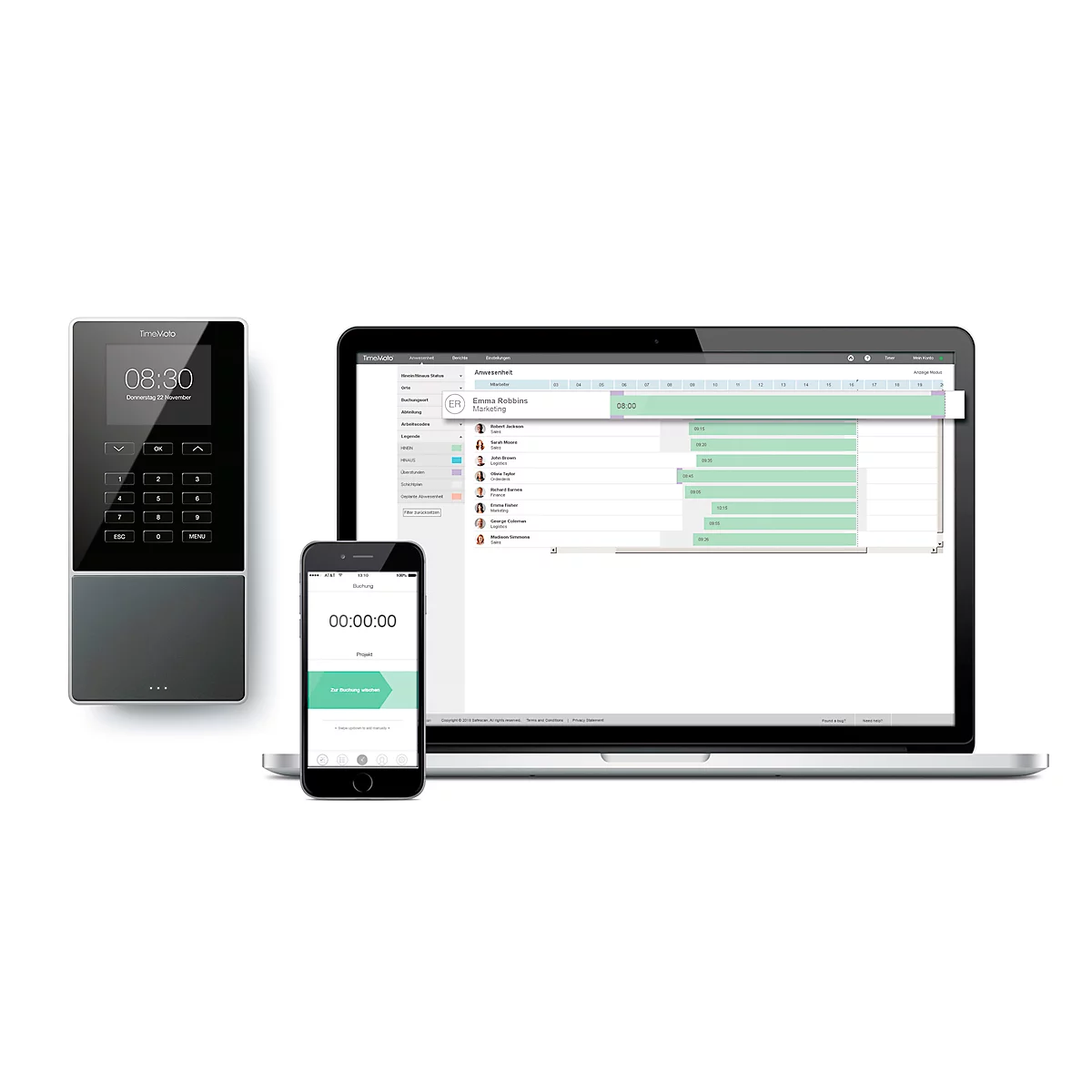 TimeMoto TM-616 tijdregistratiesysteem, wandmontage, complete oplossing, tot 200 gebruikers, ID via RFID/PIN, USB/LAN/WLAN, 5 RFID-kaarten