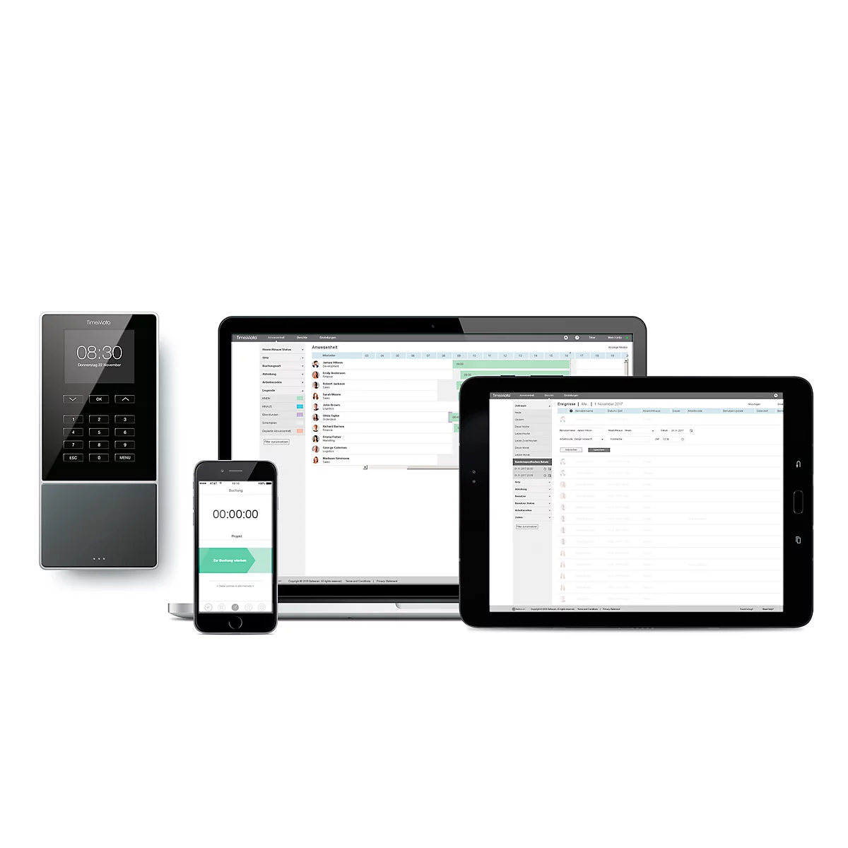 TimeMoto TM-616 tijdregistratiesysteem, wandmontage, complete oplossing, tot 200 gebruikers, ID via RFID/PIN, USB/LAN/WLAN, 5 RFID-kaarten