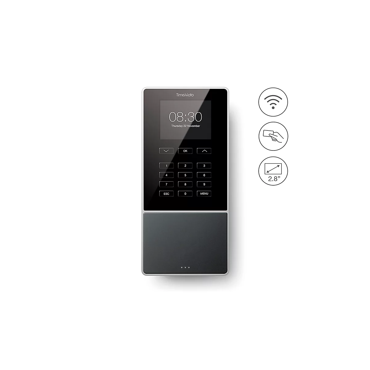 TimeMoto TM-616 tijdregistratiesysteem, wandmontage, complete oplossing, tot 200 gebruikers, ID via RFID/PIN, USB/LAN/WLAN, 5 RFID-kaarten
