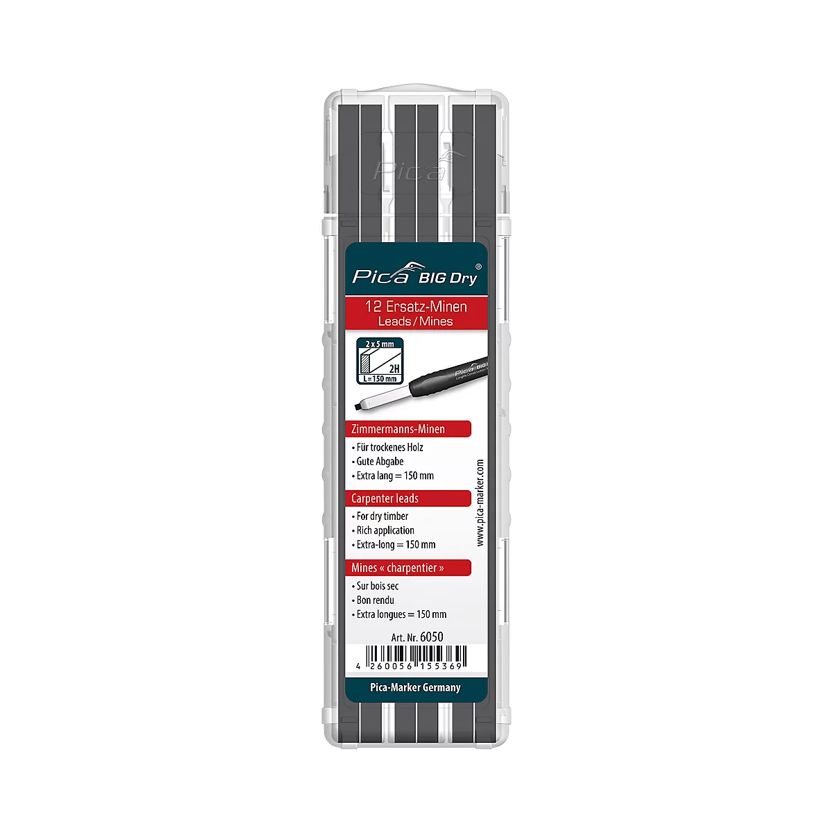 Timmermanspotlood navullingen Pica BIG Dry, grafiet, 5 mm, voor droog hout, met etui, 12 stuks