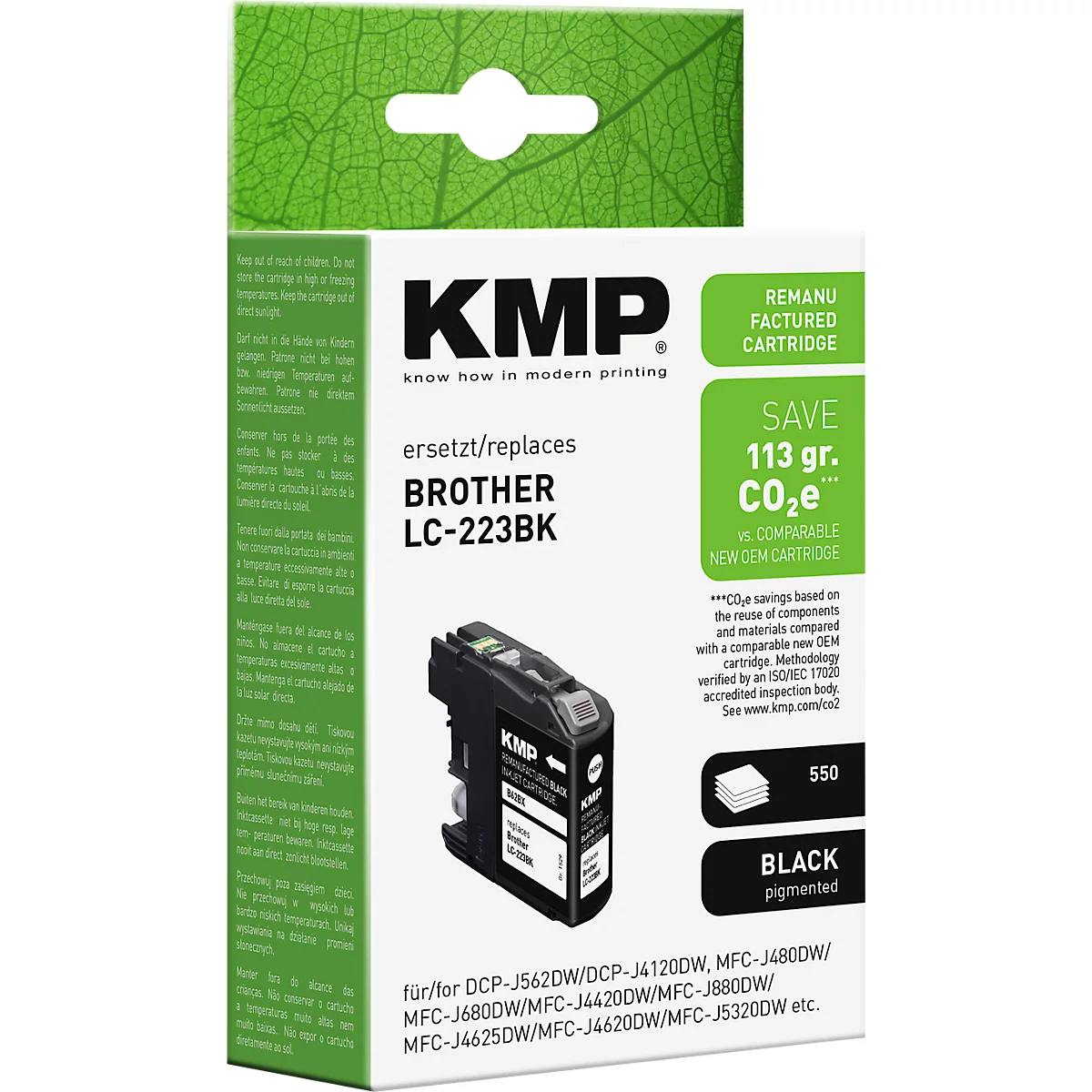 KMP Druckerpatrone, kompatibel mit Brother LC-223BK, schwarze Tinte in weiss-grüner Verpackung.