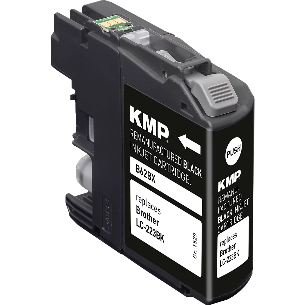 Schwarze KMP Tintenpatrone B62BX als Ersatz für Brother LC-223BK vor neutralem Hintergrund.