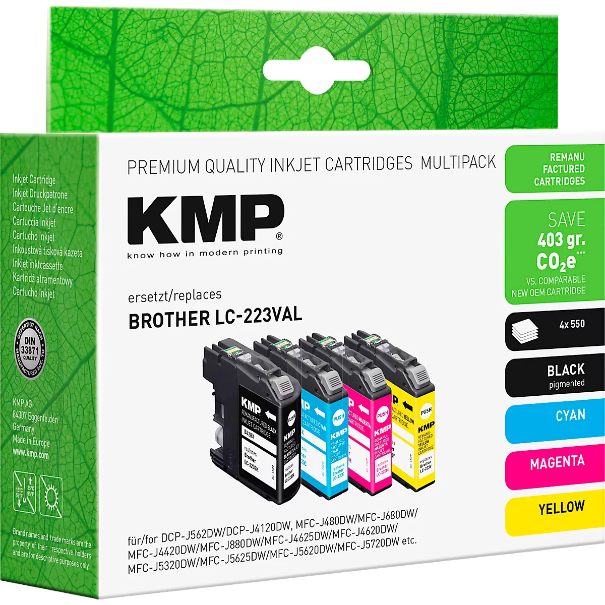 Multipack KMP Druckerpatronen für Brother LC-223VAL, bestehend aus Schwarz, Cyan, Magenta und Gelb.