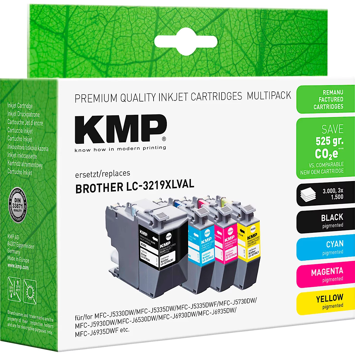 KMP Tintenpatronen-Multipack für Brother-Drucker mit vier farbigen Patronen auf weißem Karton.
