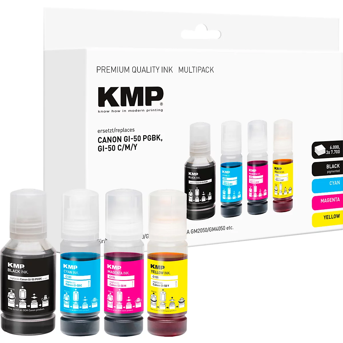 Tintenpatrone KMP, ersetzt Canon GI50PGBK (3386C001), bis 6000/7700 Seiten, Multipack, CMYK