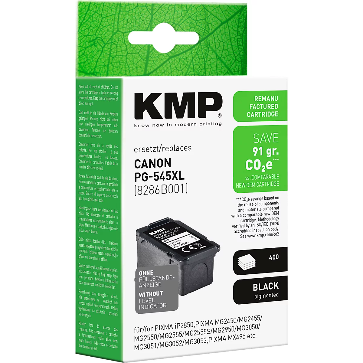 KMP Druckerpatrone, kompatibel mit Canon PG-545XL, schwarz, in grüner Verpackung mit Umwelt-Hinweis.