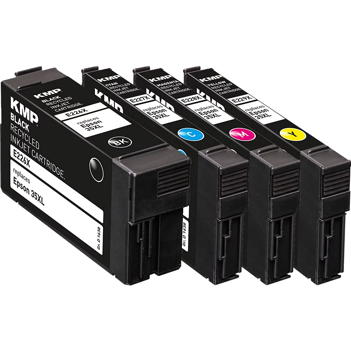 Vier KMP Druckerpatronen in Schwarz, Cyan, Magenta und Gelb für Epson 35XL vor weißem Hintergrund.