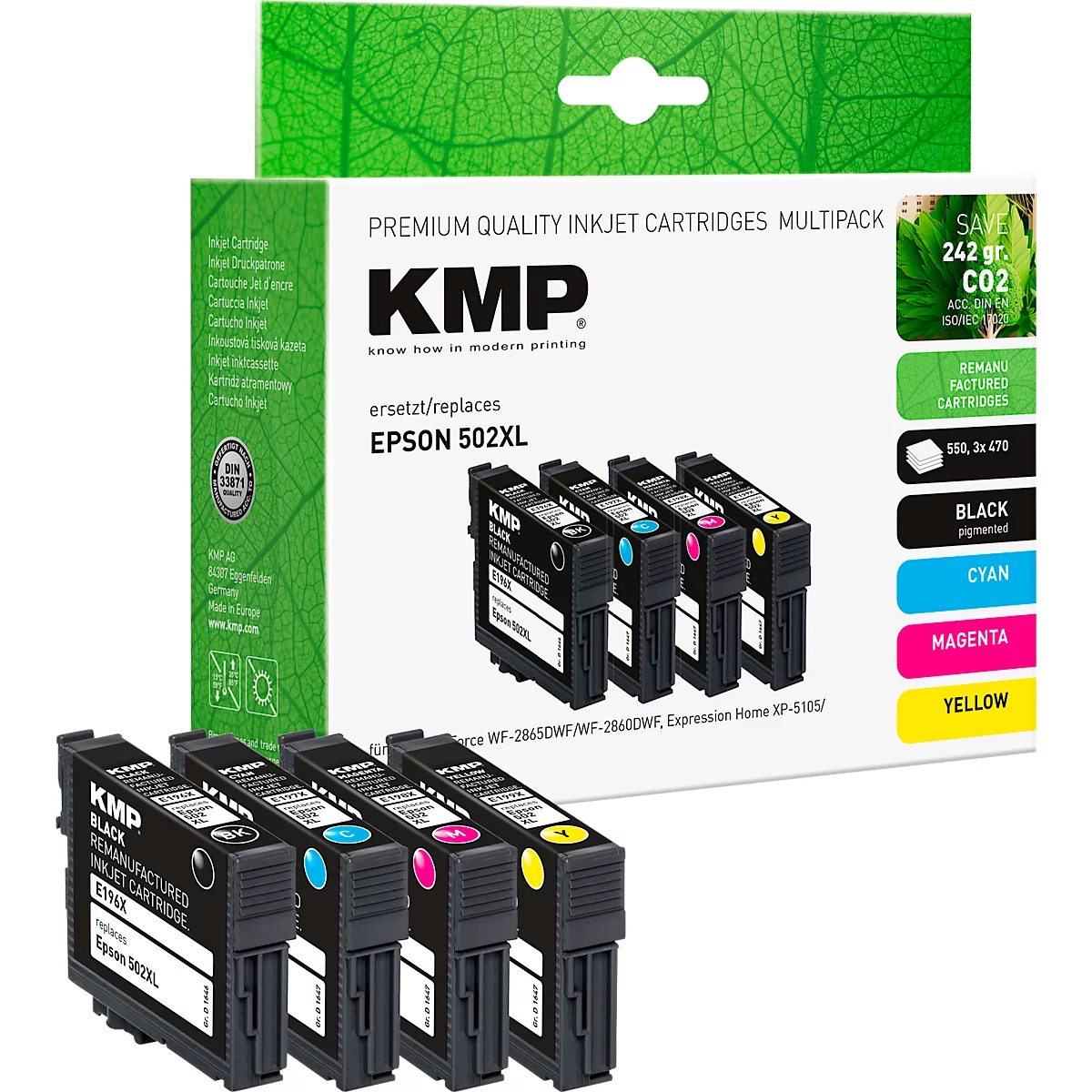 Tintenpatrone KMP, ersetzt Epson 502XL (T02W64), bis 550/470 Seiten, Multipack, CMYK