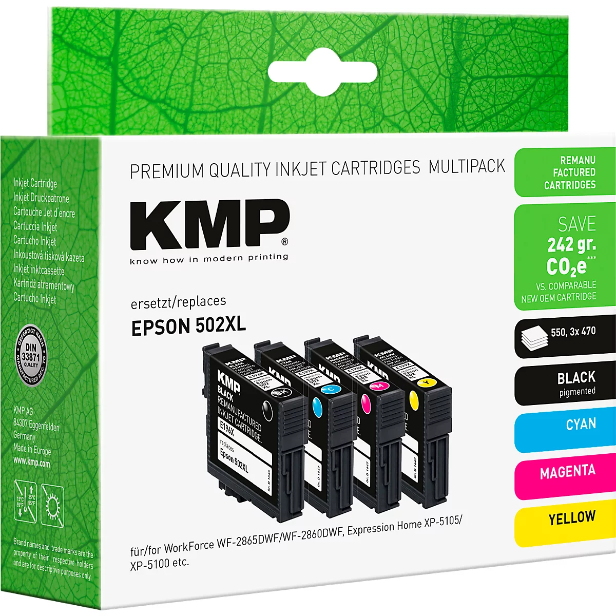 KMP Multipack Druckerpatronen für Epson 502XL in weisser Box mit grünem Blattmuster.
