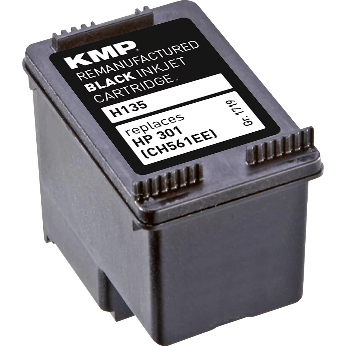 Schwarze KMP Tintenpatrone H135, kompatibel mit HP 301, auf weißem Hintergrund.