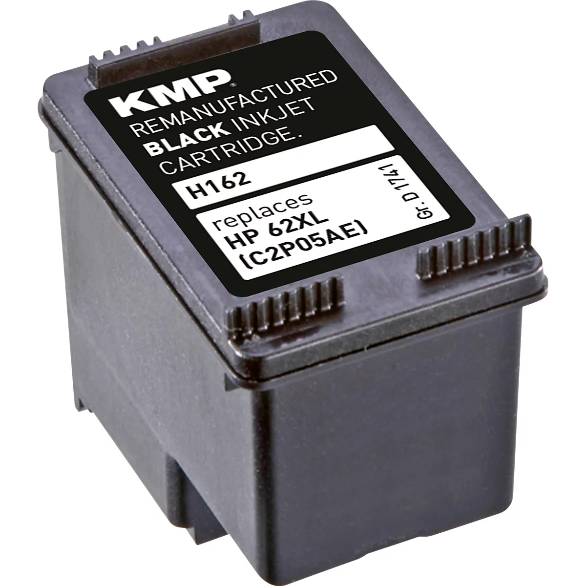 Schwarze KMP Druckerpatrone H162 als Ersatz für HP 62XL auf weißem Hintergrund.