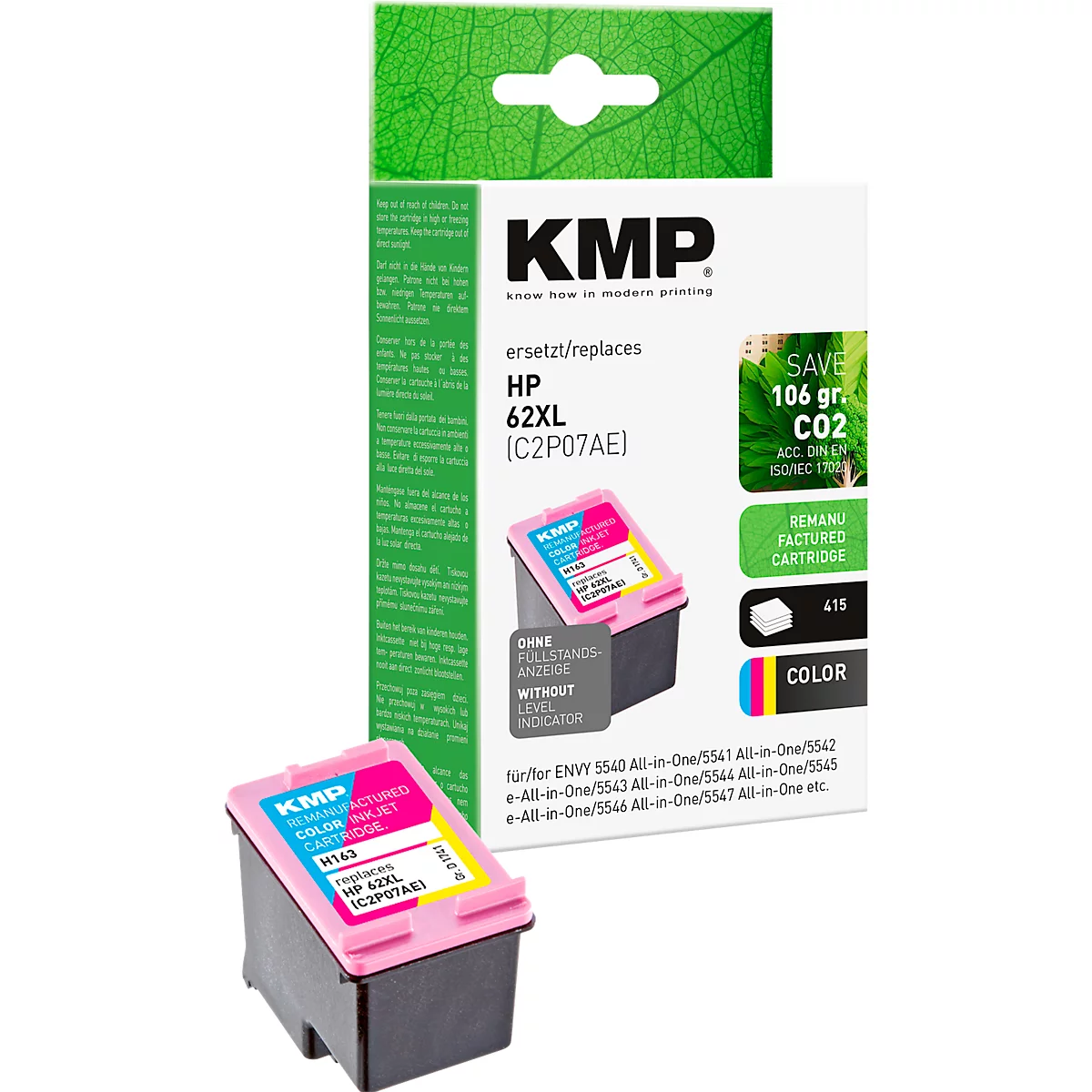 Tintenpatrone KMP, ersetzt HP 62XL (C2P07AE CMY), bis 415 Seiten, Tricolor-Multipack, CMY