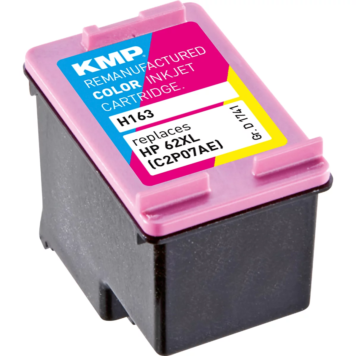 KMP Tintenpatrone H163 als Ersatz für HP 62XL in schwarzem Gehäuse mit pinkem Deckel und weißem Etikett.