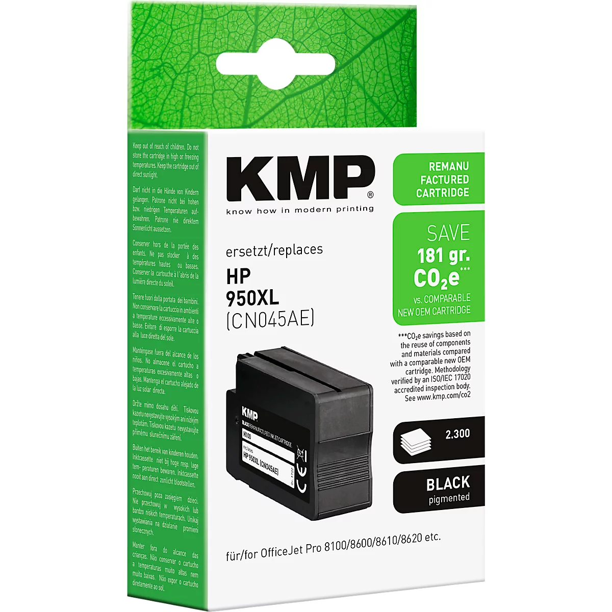 KMP Druckerkartusche schwarz, Ersatz für HP 950XL, in weisser Umverpackung mit grünem Blattmuster.