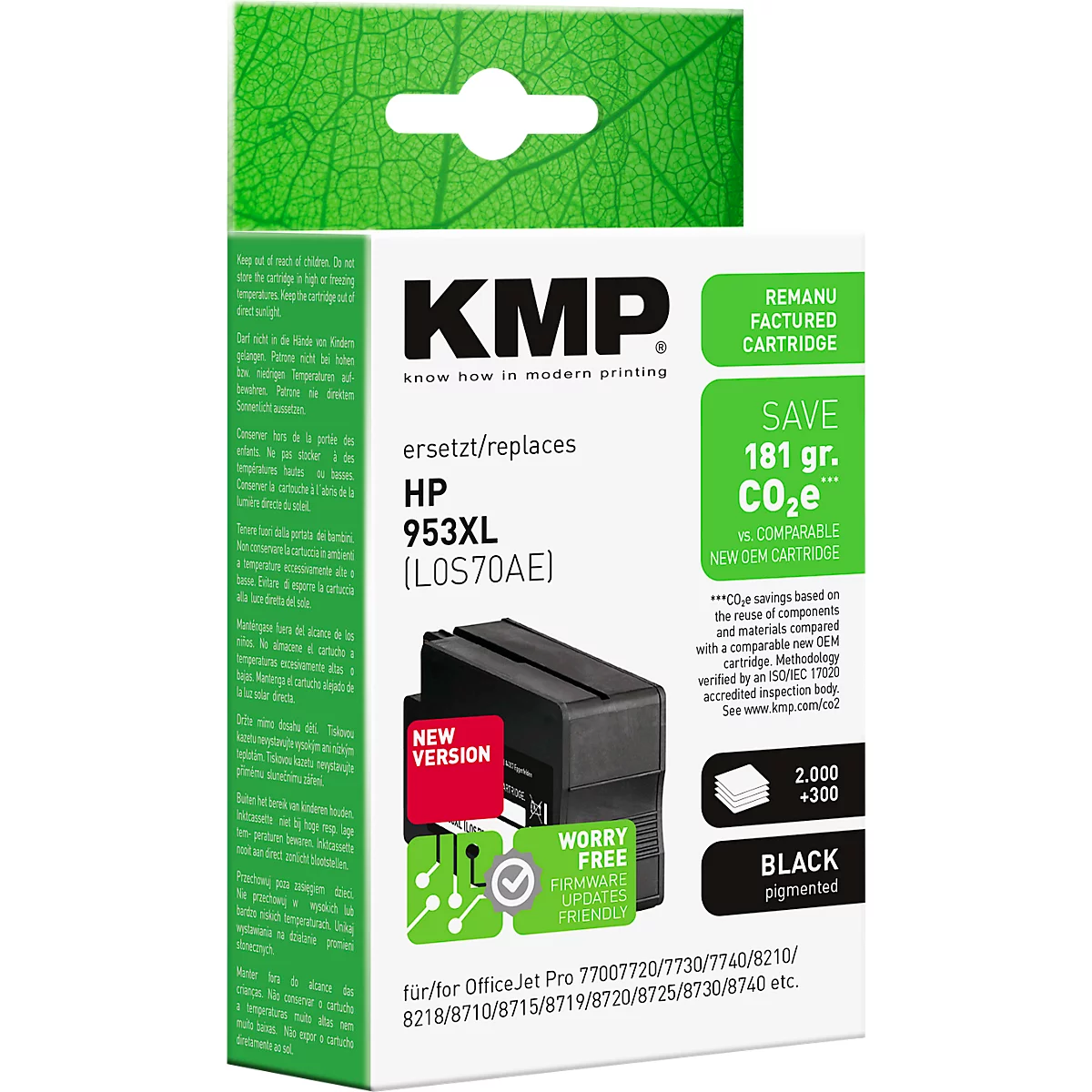 KMP Druckerpatrone, kompatibel mit HP 953XL Schwarz, in einer grünen und weissen Verpackung.