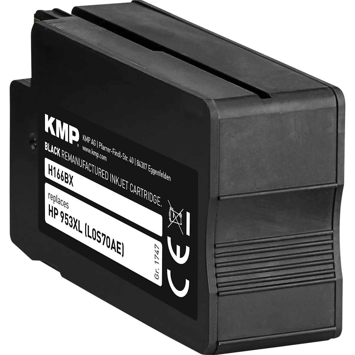 Schwarze KMP Tintenpatrone H166BX als Ersatz für HP 953XL vor neutralem Hintergrund.