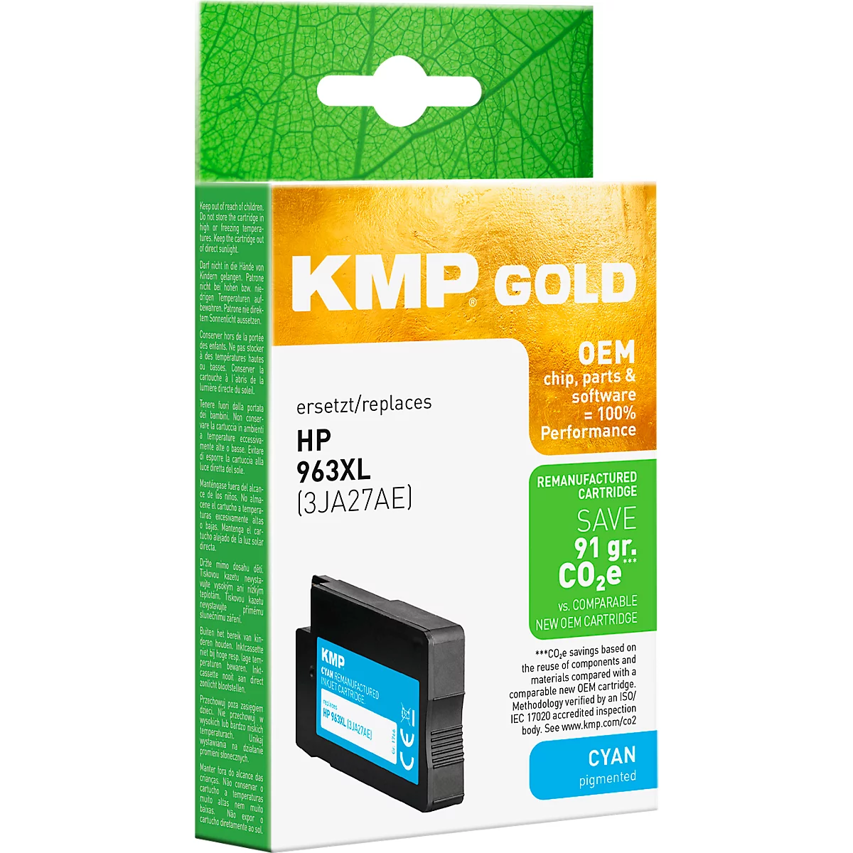 KMP Gold Tintenpatrone ersetzt HP 963XL, Cyan, auf weisser Verpackung mit grünem Blatt-Design.