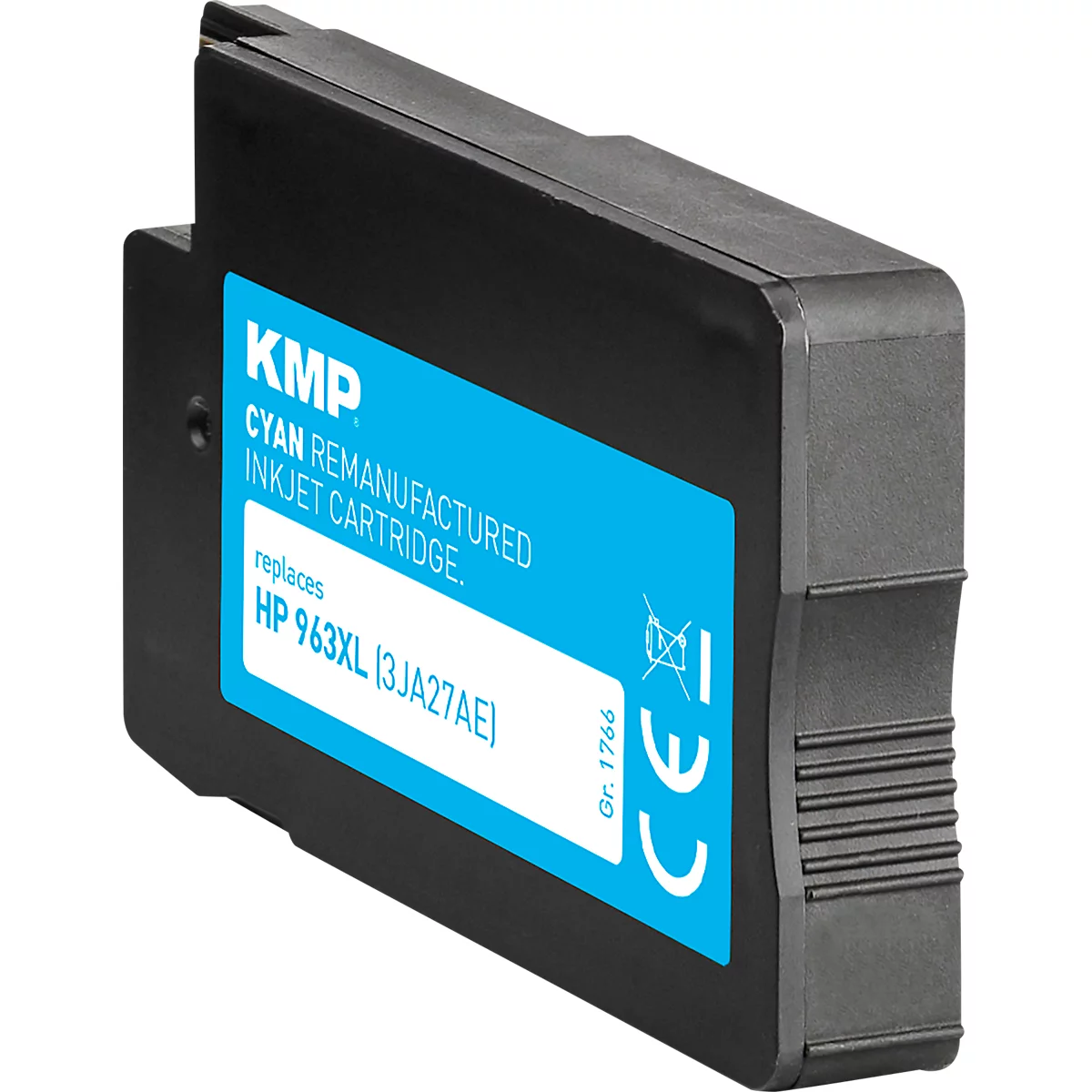 Schwarze KMP Tintenpatrone Cyan als Ersatz für HP 963XL auf weissem Hintergrund.