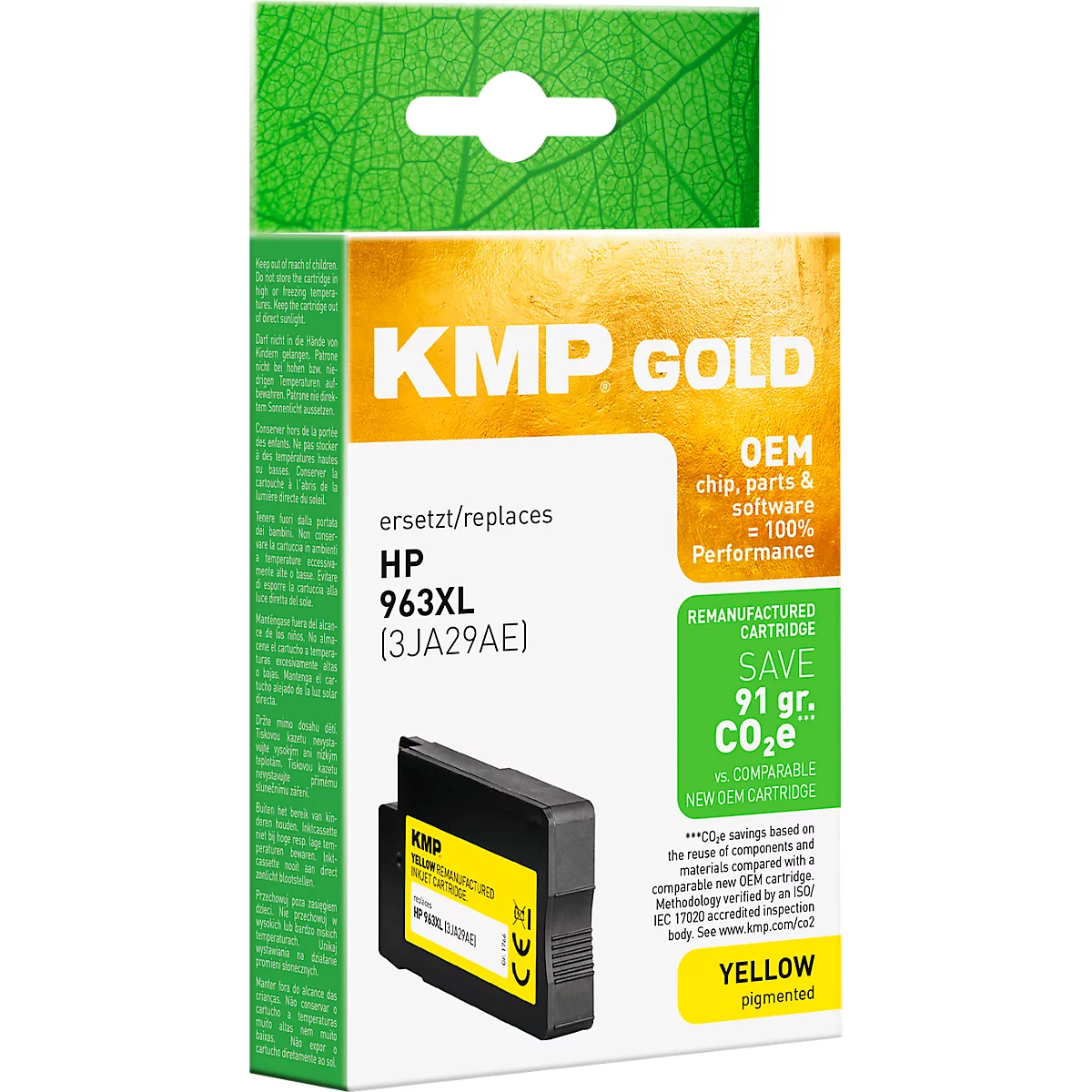KMP Gold Tintenpatrone, gelb, als Ersatz für HP 963XL, in der Produktverpackung.