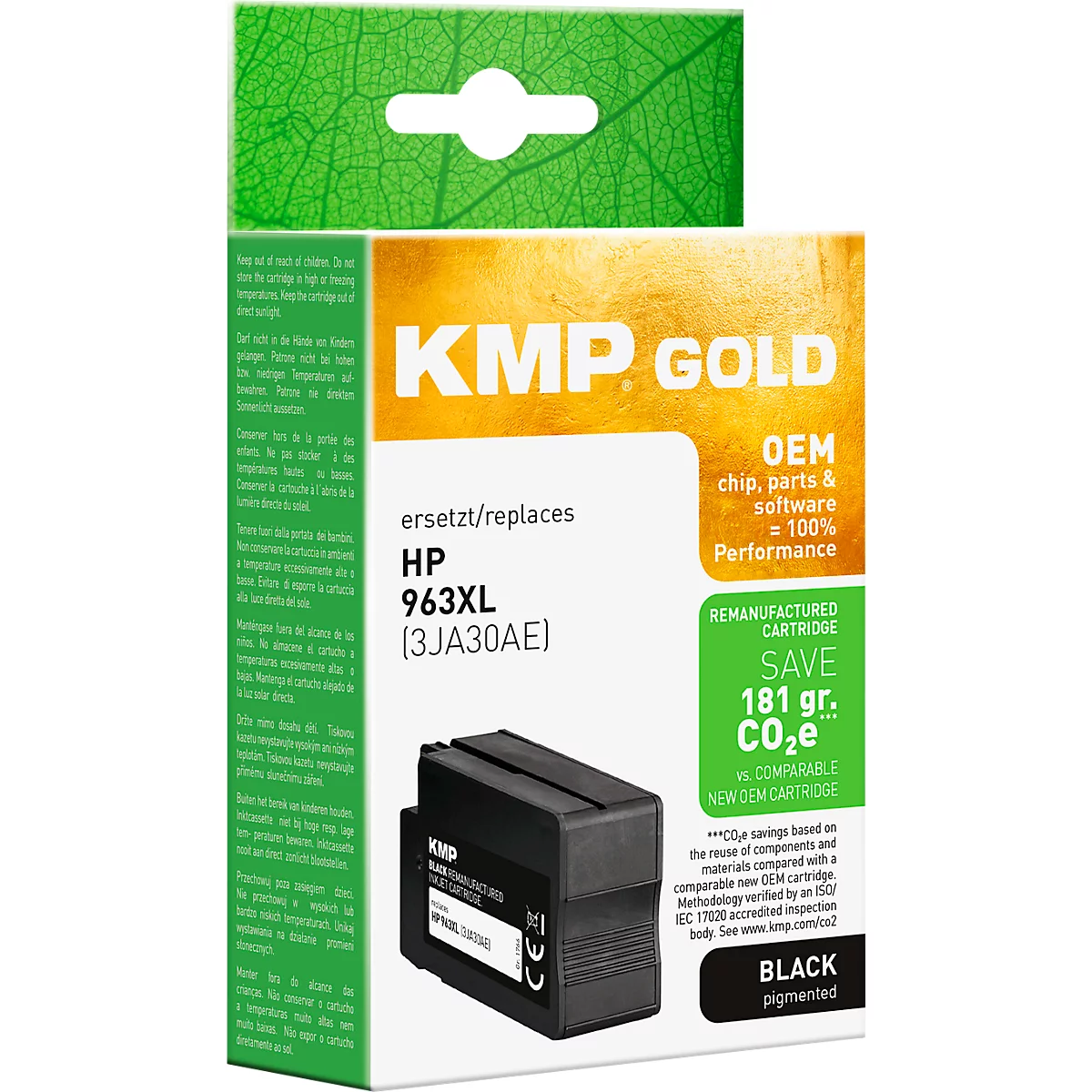 KMP Gold Tintenpatrone ersetzt HP 963XL, schwarz, in rechteckiger Verpackung mit Blatt-Design.
