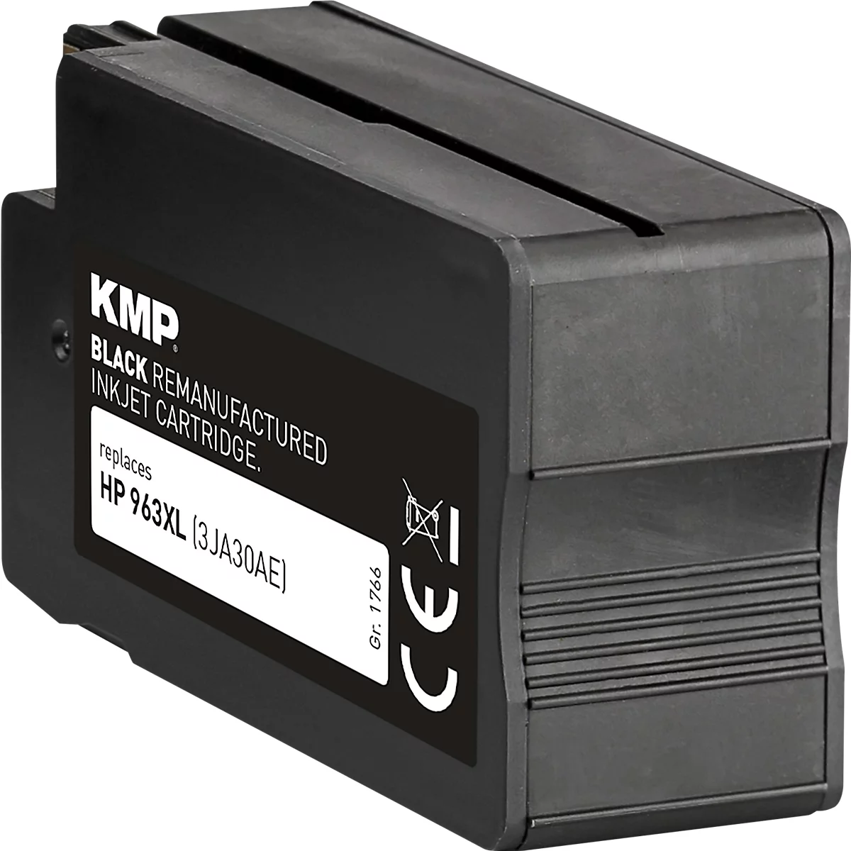 Schwarze KMP Tintenpatrone, Ersatz für HP 963XL, vor neutralem Hintergrund.