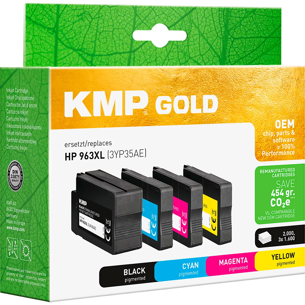 KMP Gold Tintenpatronen-Set als Ersatz für HP 963XL, bestehend aus vier schwarzen und farbigen Kartuschen.
