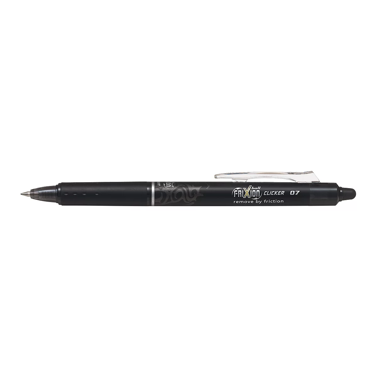 Ein schwarzer Pilot Frixion Clicker Stift, der Text "CLICKER 07" und "remove by friction" aufweist.