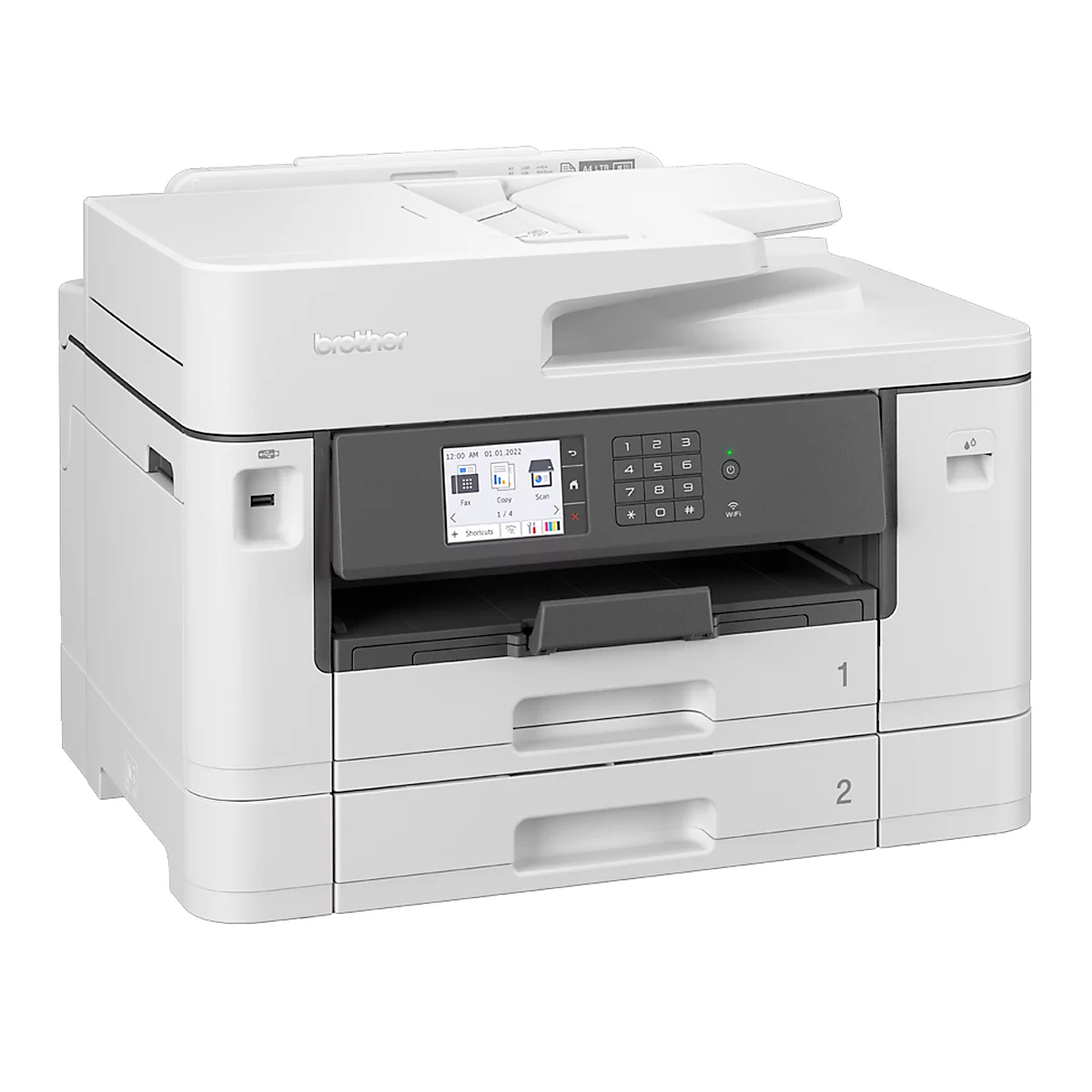 Weißer Brother-Multifunktionsdrucker mit schwarzem Bedienfeld und farbigem Display. Zwei Papierschubladen, Gerät leicht von oben fotografiert.