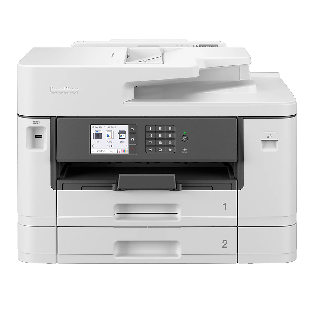 Weißer Multifunktionsdrucker mit Display, Tasten und zwei Papierschächten.