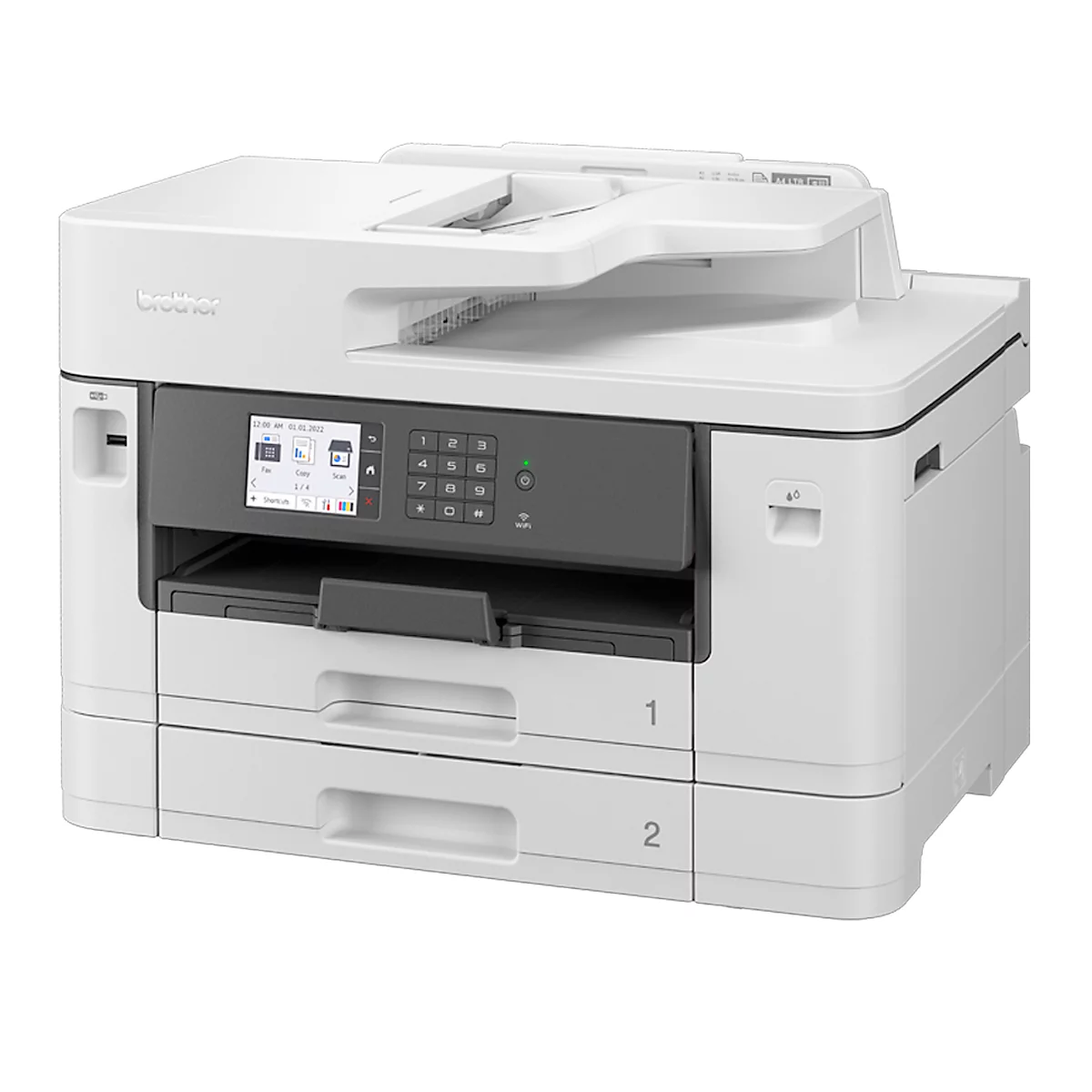 Ein weißer Multifunktionsdrucker mit grauem Bedienfeld, Papierschubladen und Flachbettscanner.