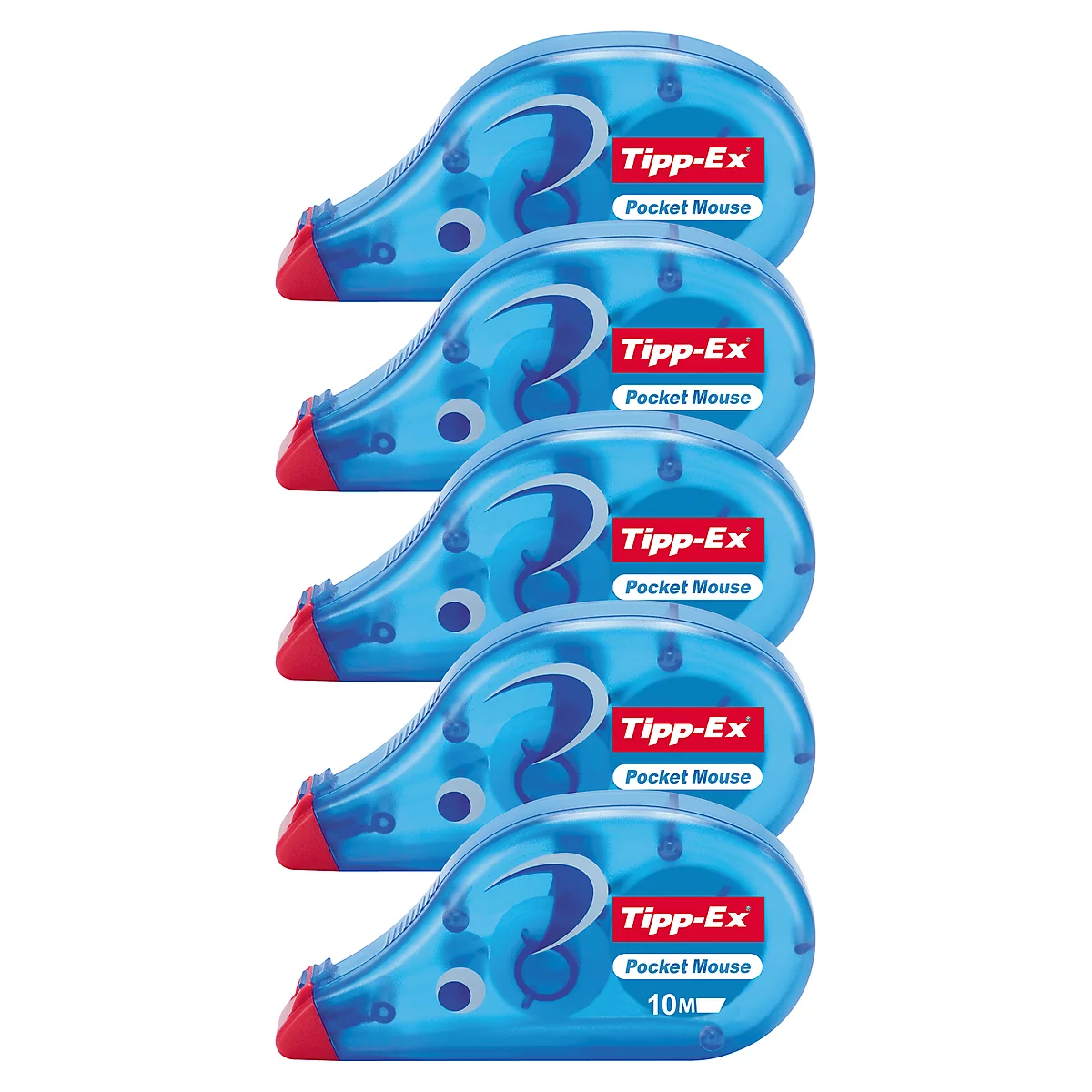 Fünf blaue Tipp-Ex Pocket Mouse Korrekturroller, rot-weiß beschriftet.