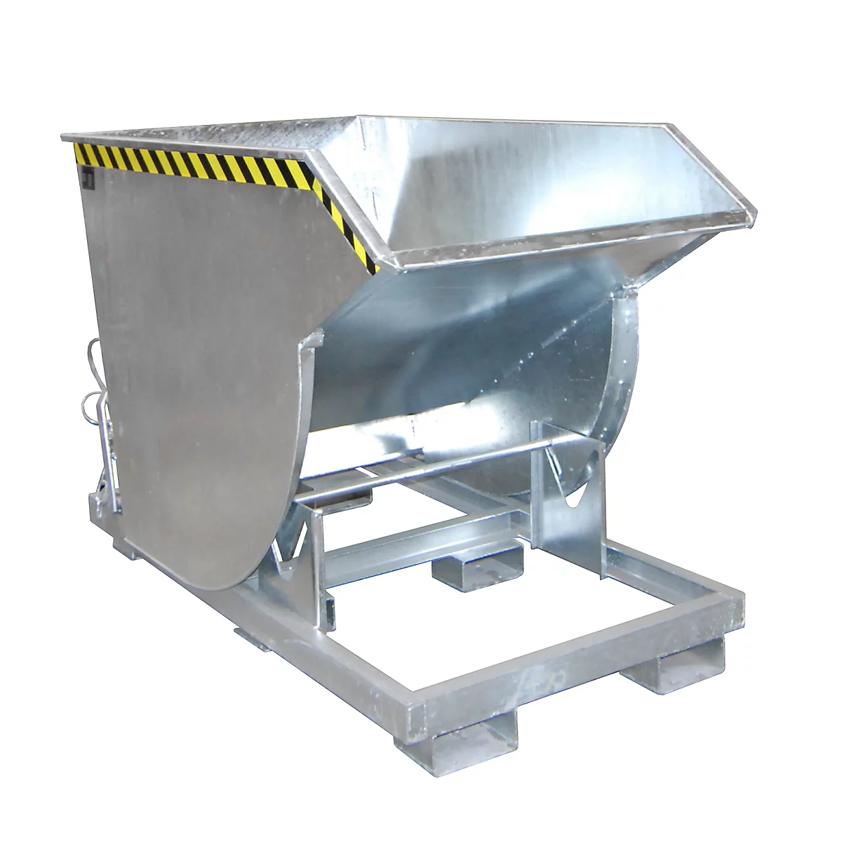 A metal tipping container, with a striking yellow and black stripe, standing on a sturdy frame.