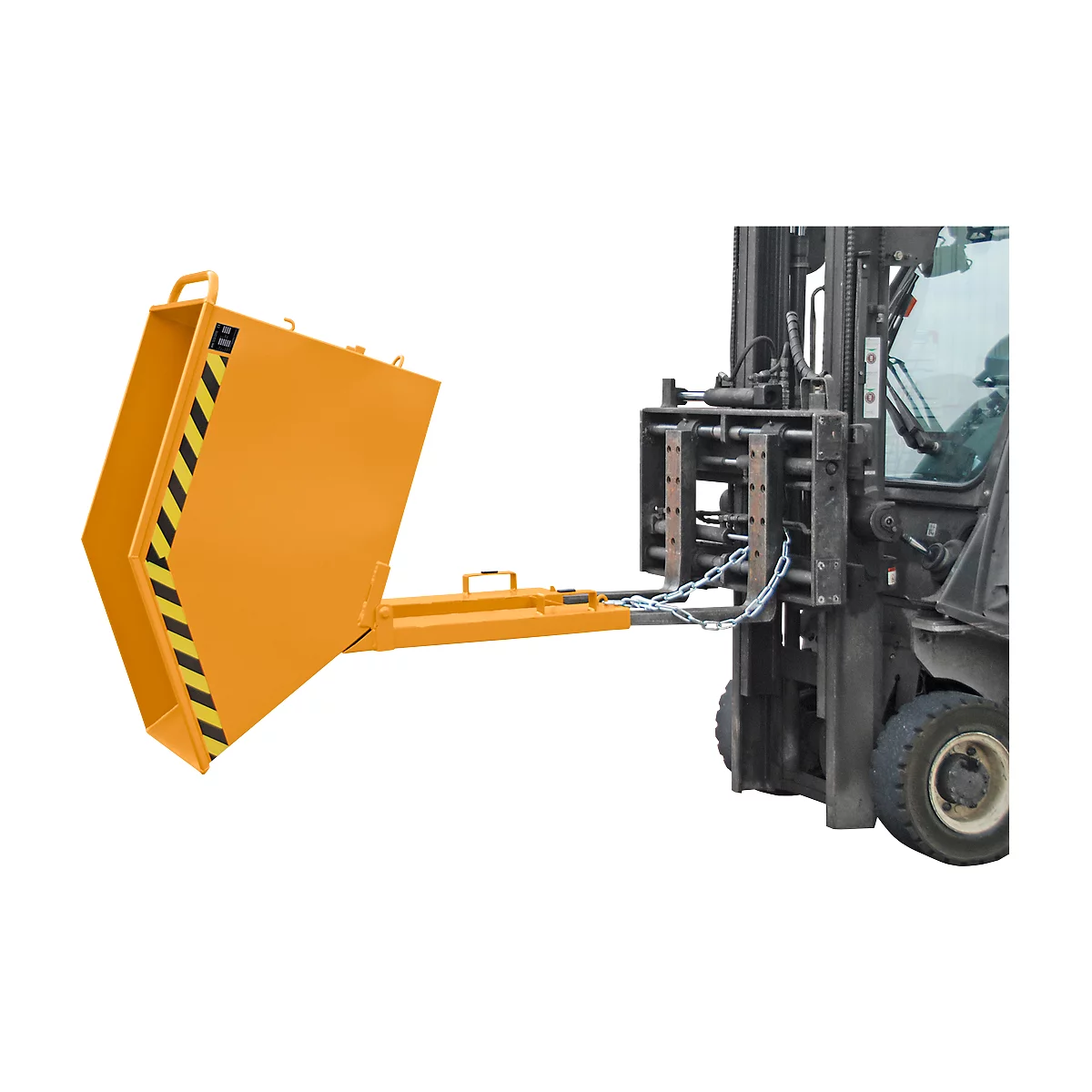 Yellow forklift attachment bin mounted on a forklift. Black and yellow warning stripes on the corner.
