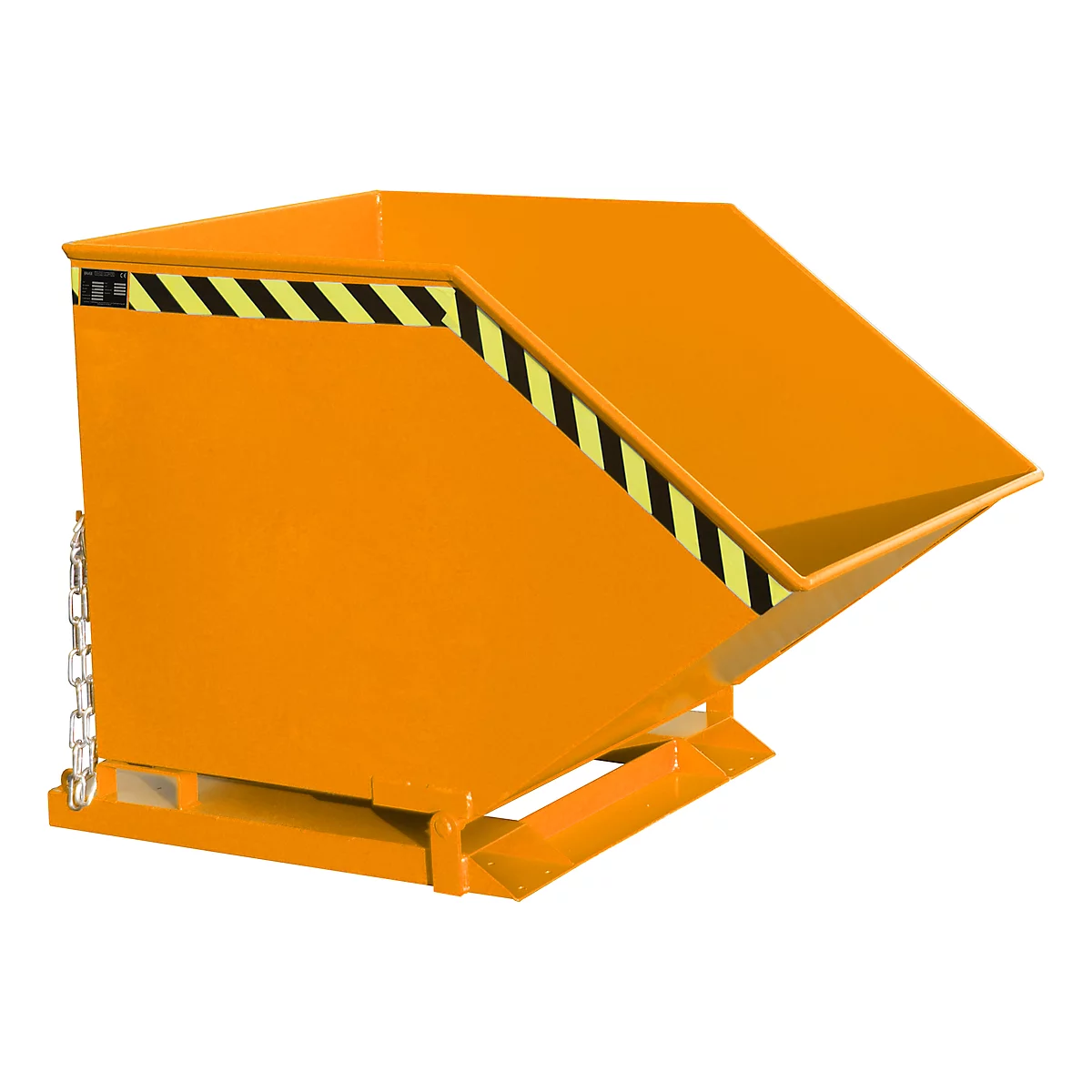 Orange tipping skip. Angular, with yellow-black warning stripes. Tipping device with chain. Open at the front.