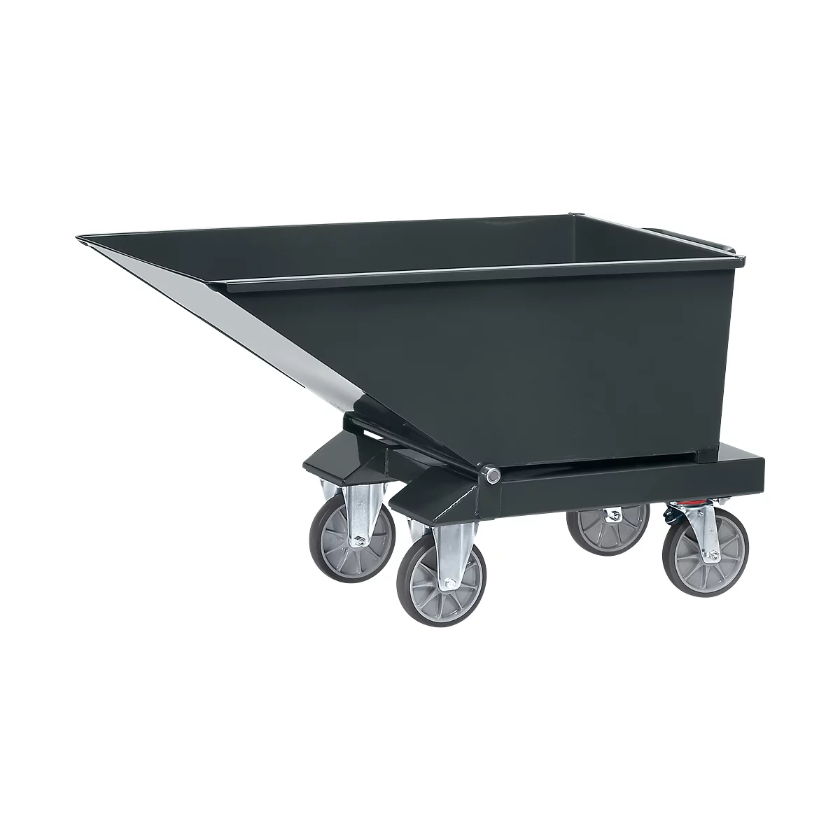 Black tipping cart with four wheels, on a white background. Upper edge angular, base angular with wheels.