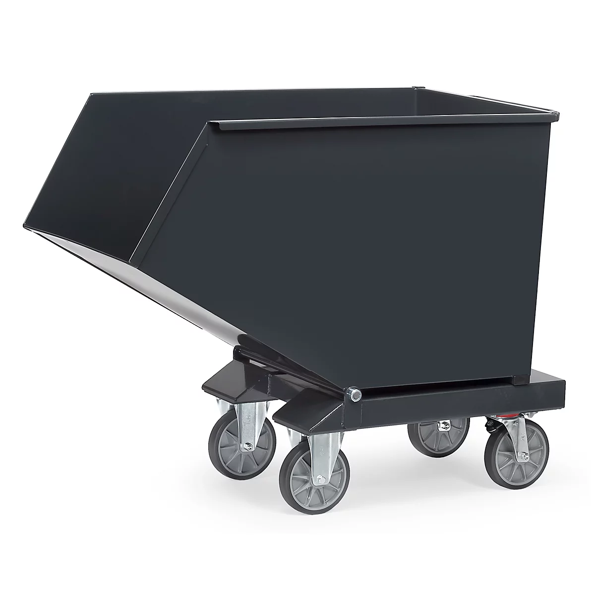 Gray tipping skip with four wheels and an angle at the top.