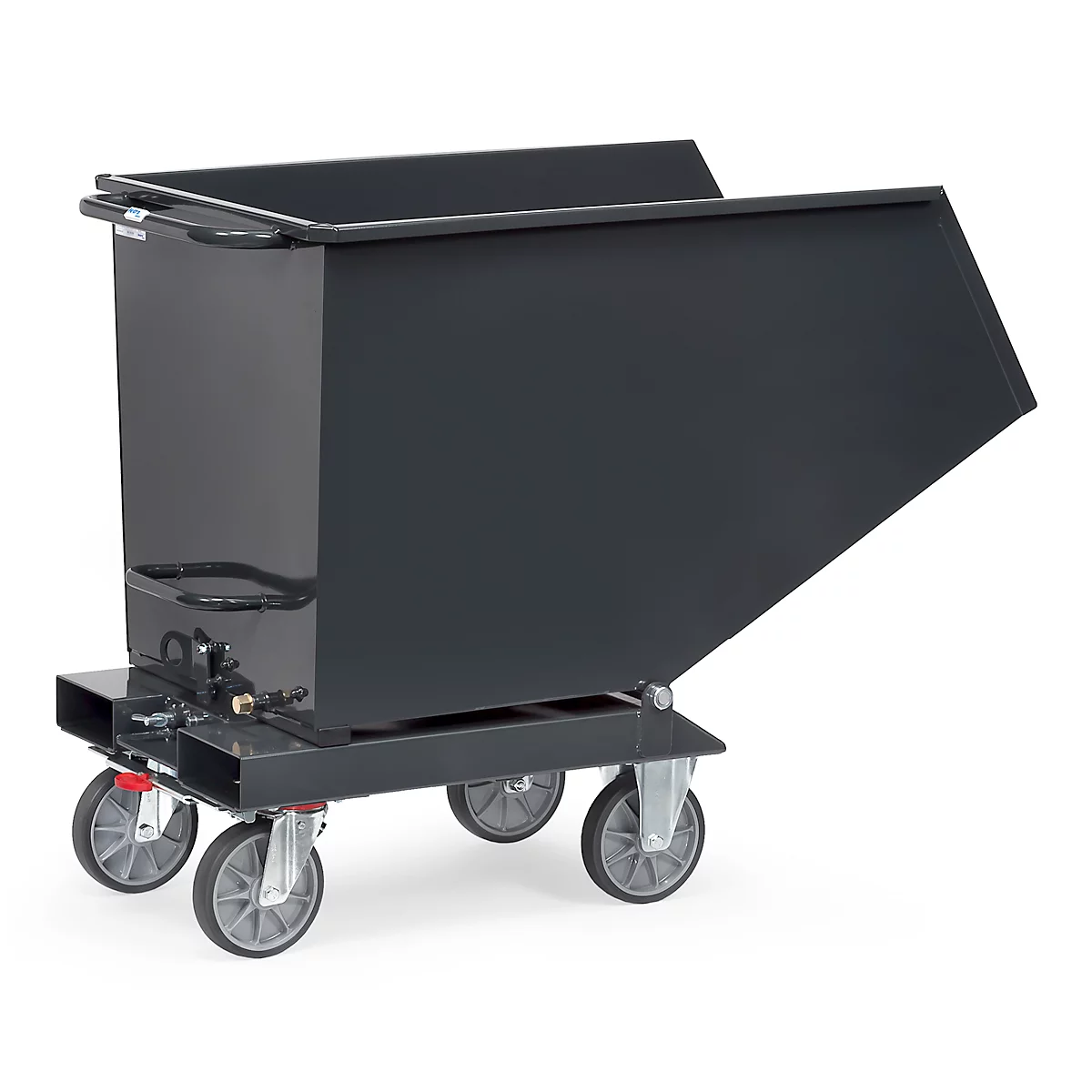 Gray tipping cart. The container is on a frame with four wheels.