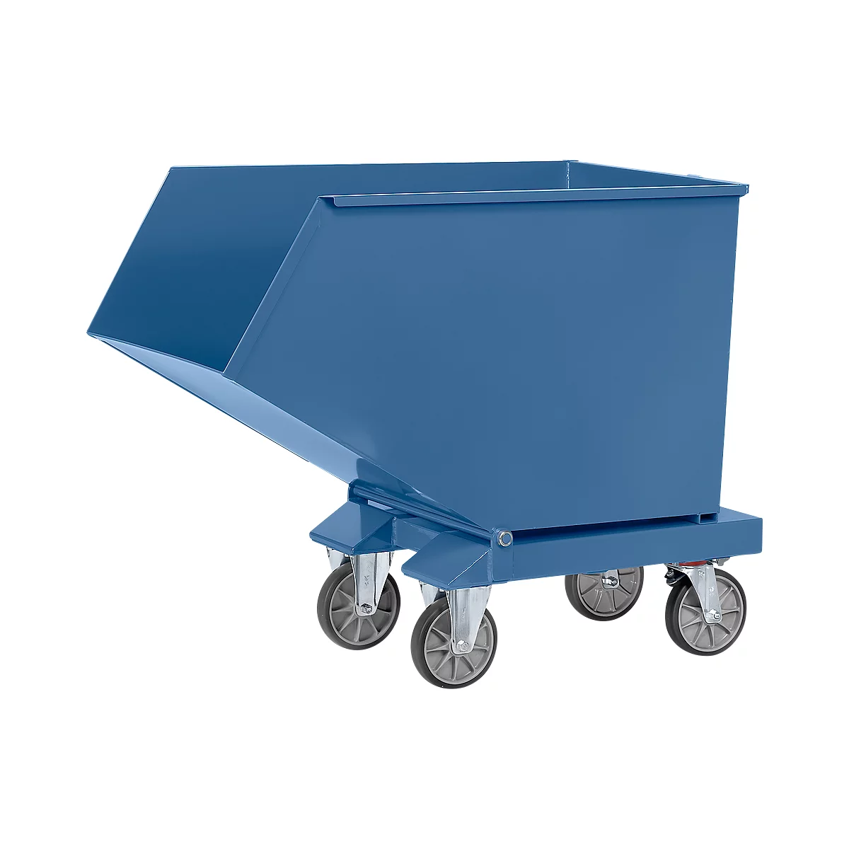 Blue tipping container on wheels. The rectangular construction slopes down at the front. Four grey casters provide mobility.