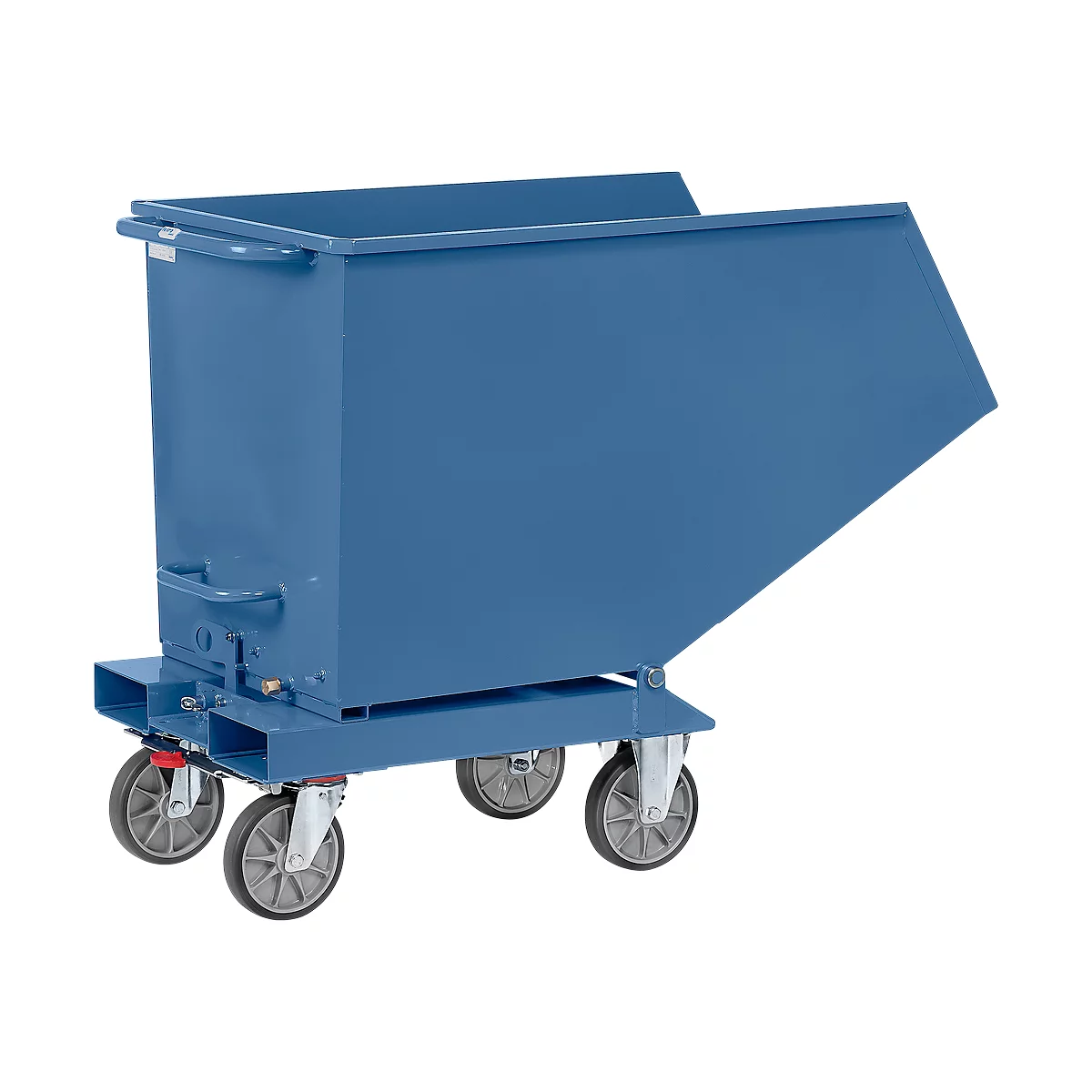 Blue tilting container on wheels, with carrying handles.