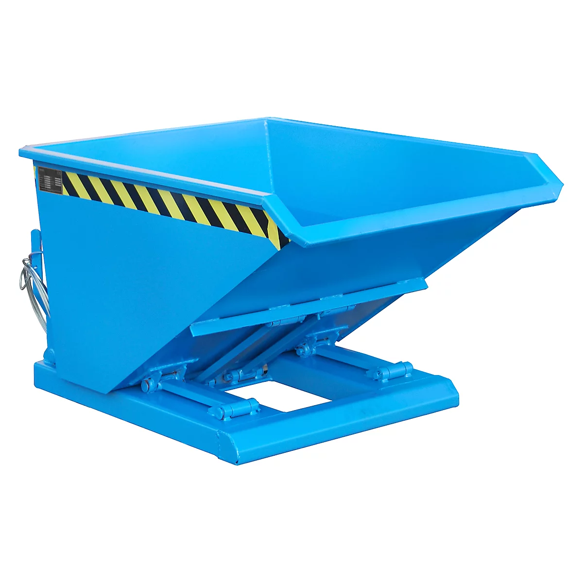 Blue tipping container with black and yellow warning stripes. Tipping mechanism and base.