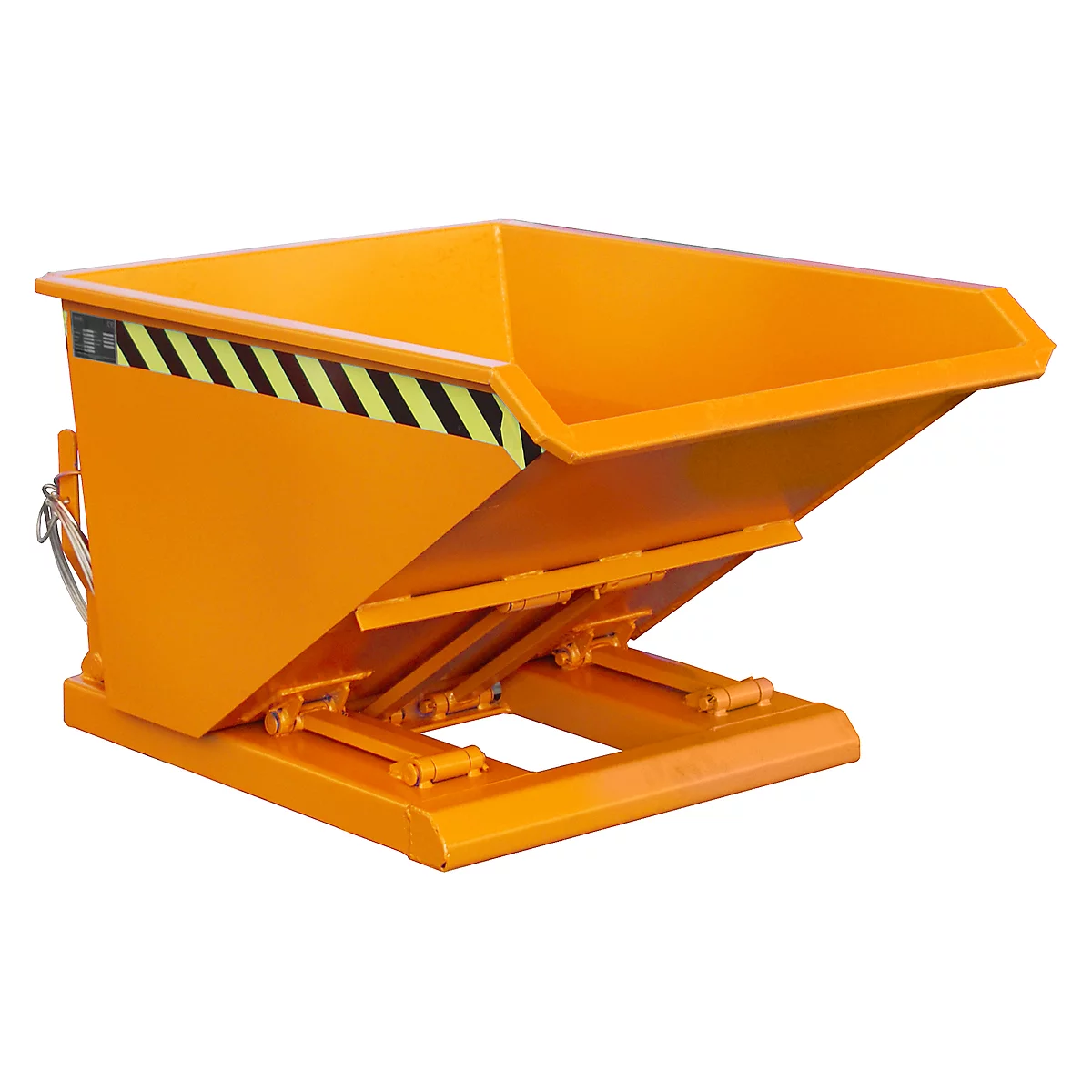 Yellow tipping skip with black and yellow stripes, for unloading materials.