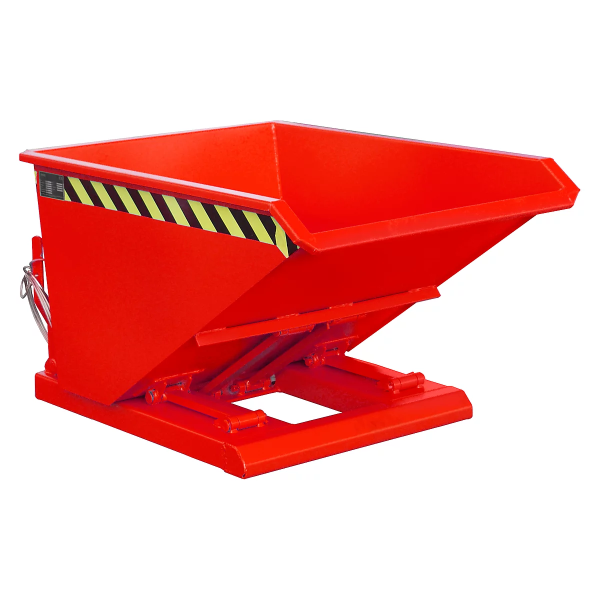 Red tipping skip with black and yellow warning stripes. It stands on a lifting device.